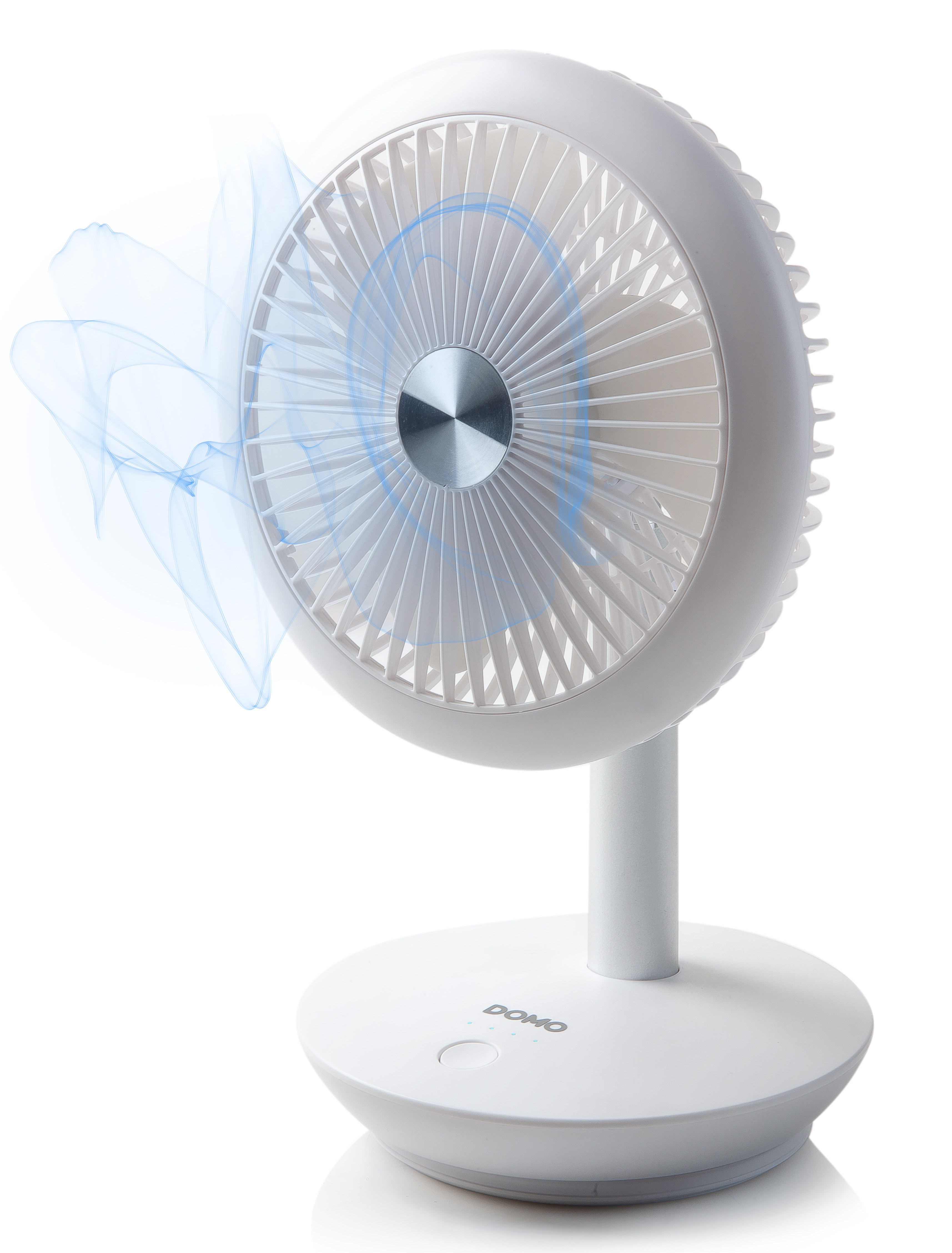 White table fan with blue air swirls, white base, and a silver center.