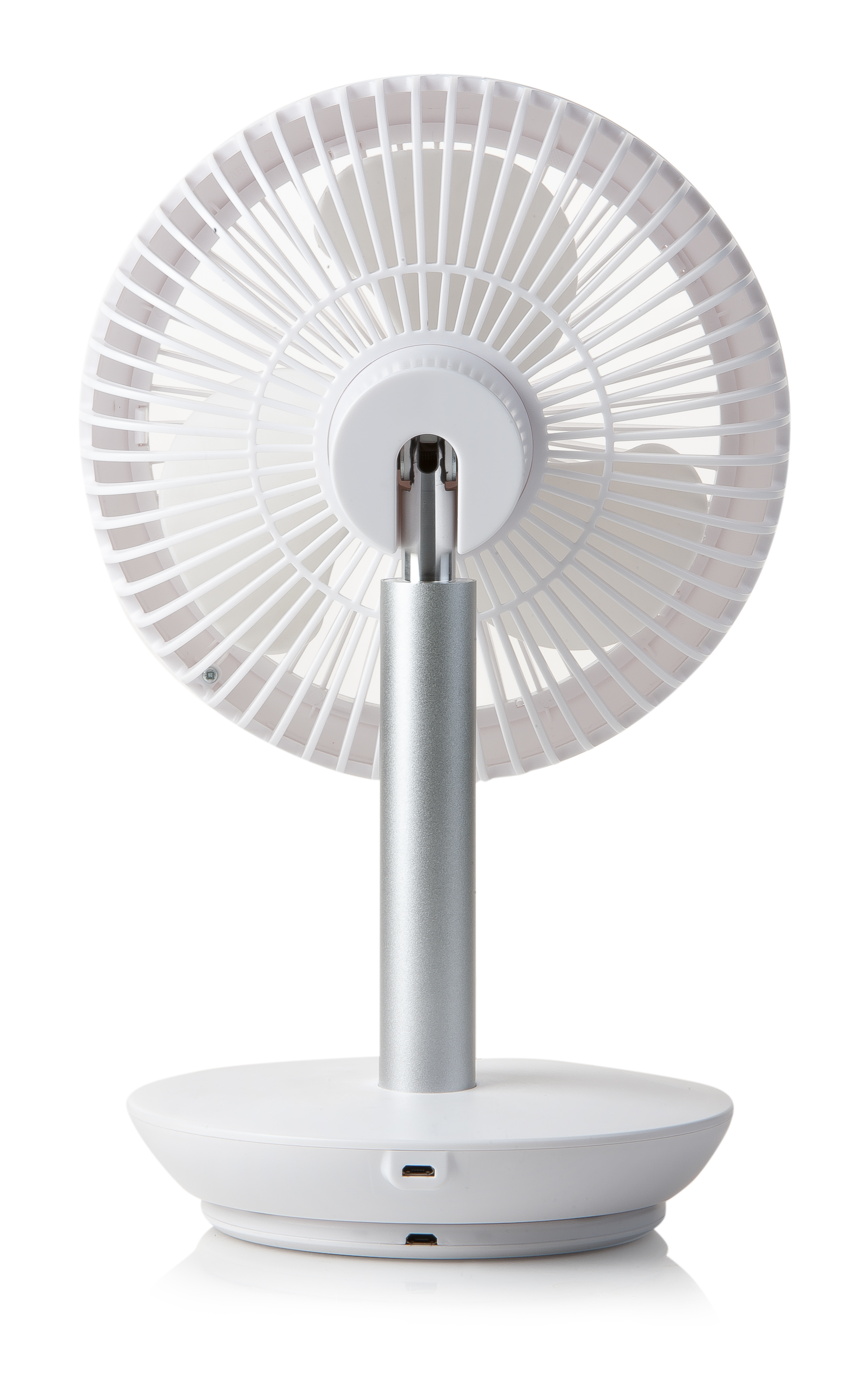 White desk fan, with the back of the fan visible.