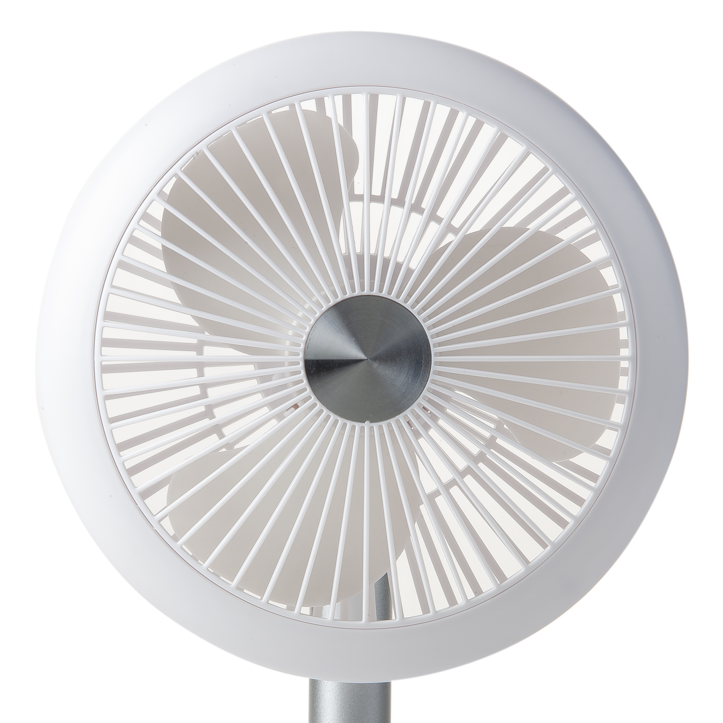 White fan with blades and a silver base against white.