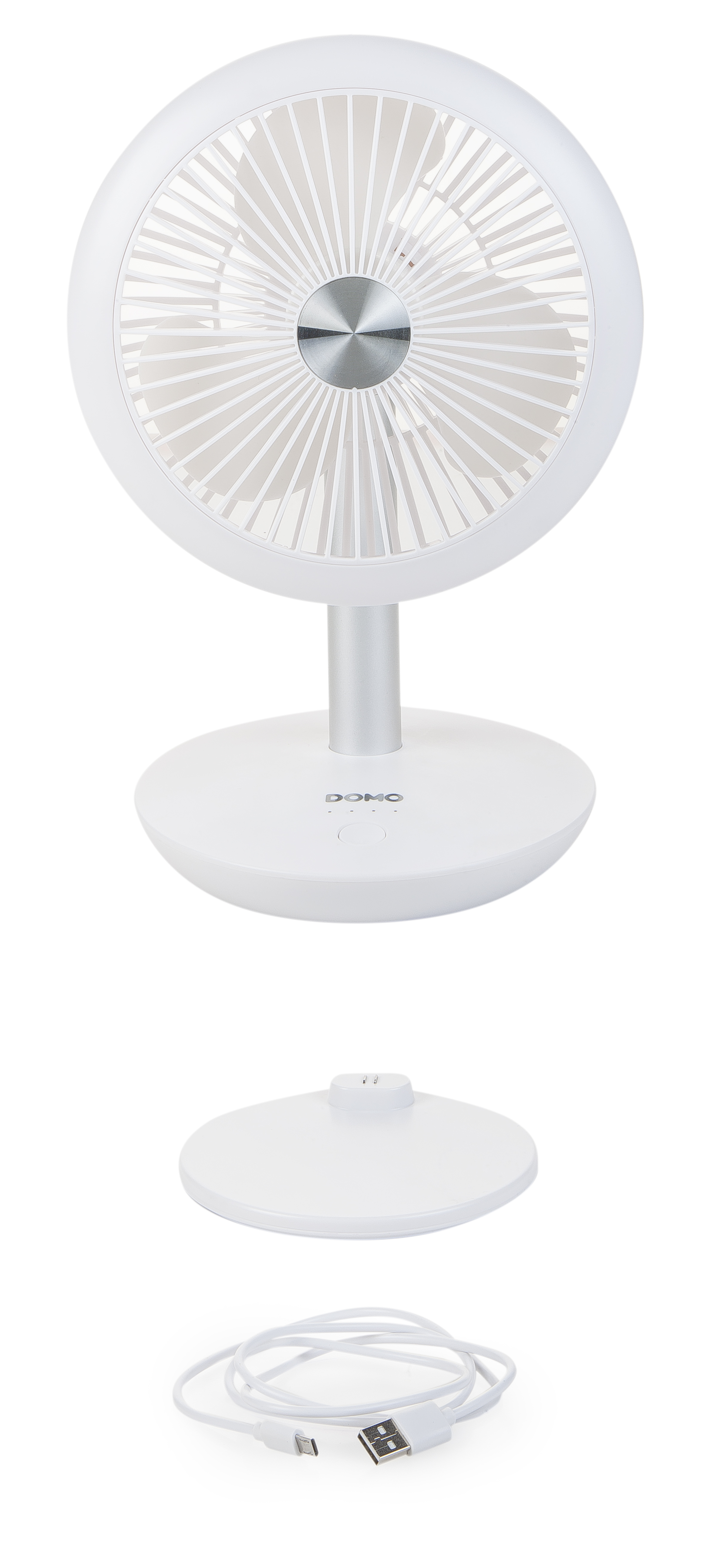 White electric fan with detachable base, and USB cable on a white background.