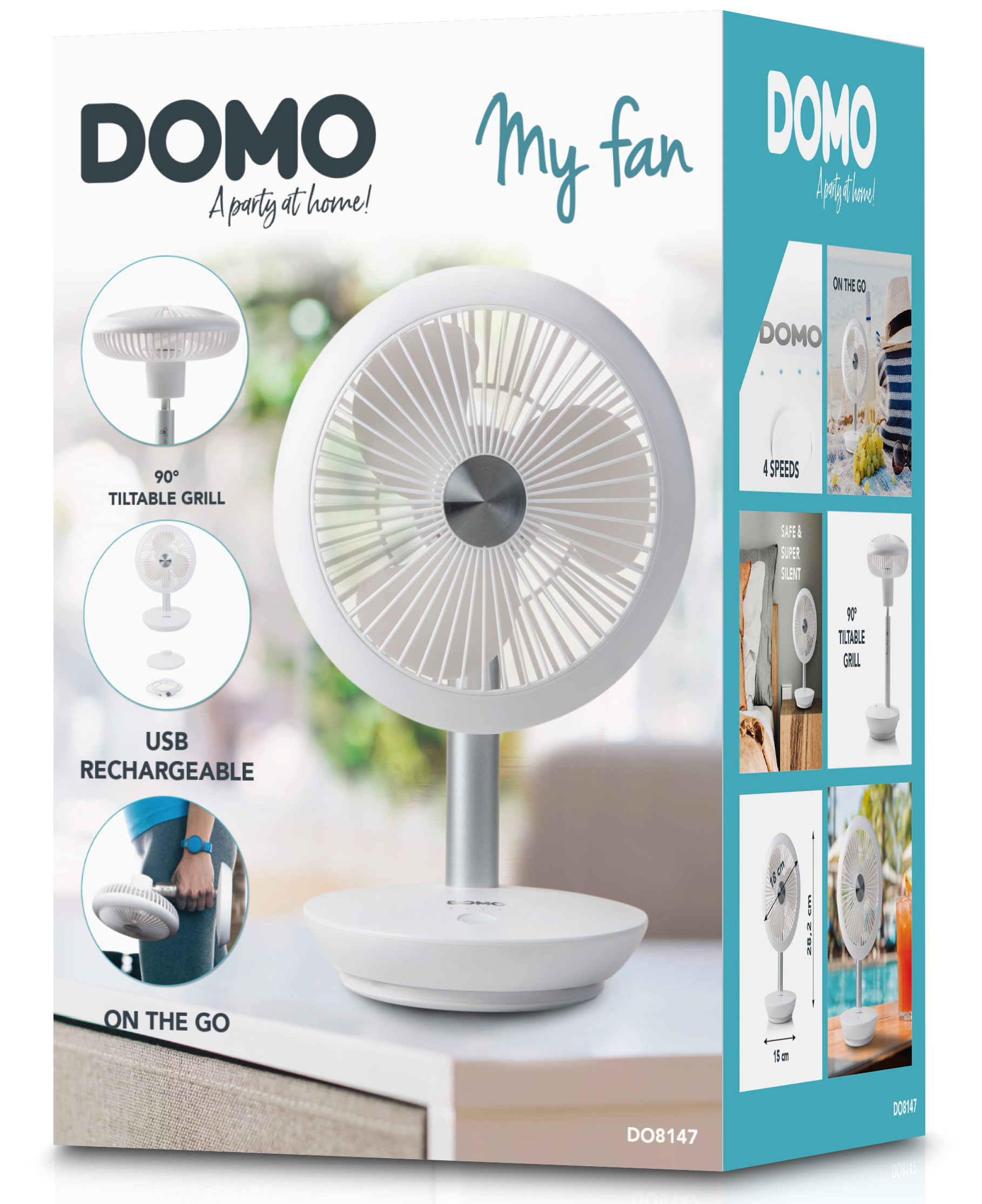 A white and silver electric fan is displayed on a white surface with graphic text.