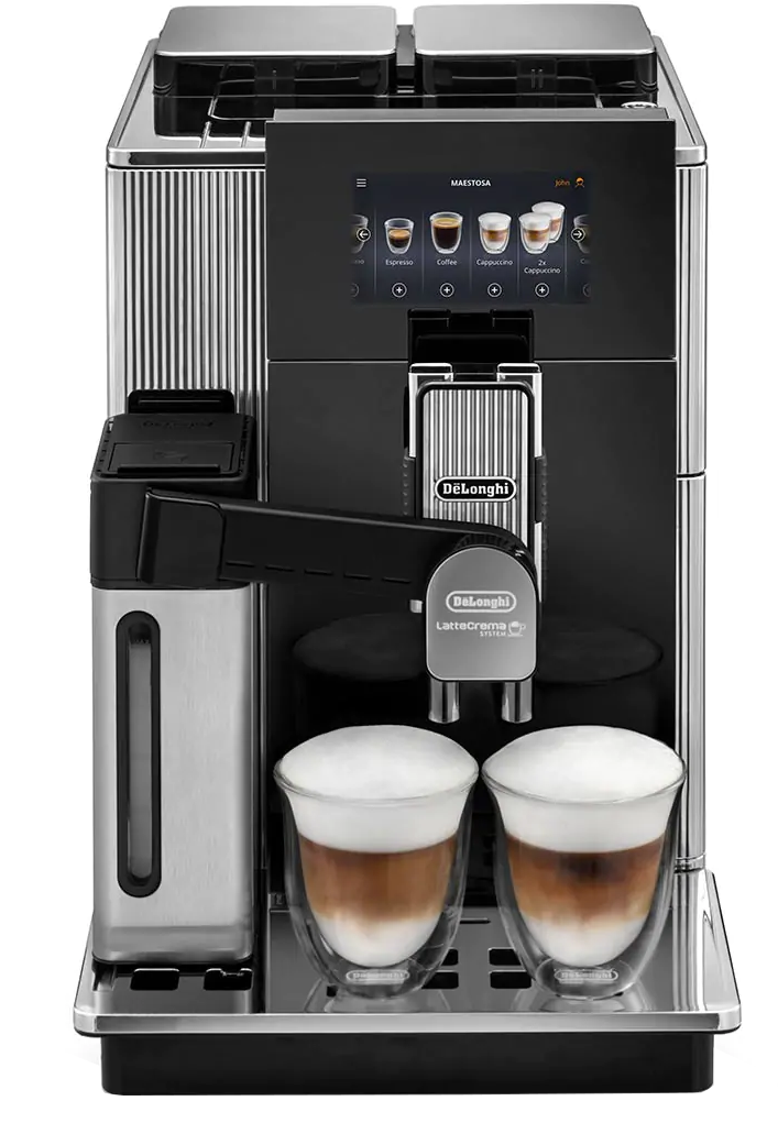 Une machine à café De'Longhi noire avec deux tasses de café en verre et un écran tactile.
