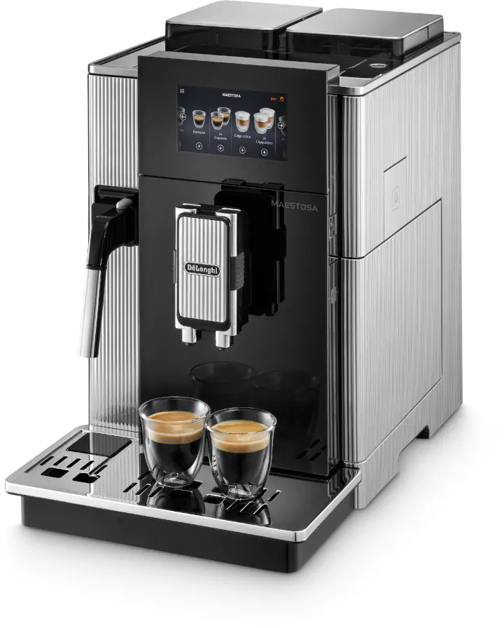 Une machine à expresso noire et argentée avec deux verres d'expresso sur le plateau.