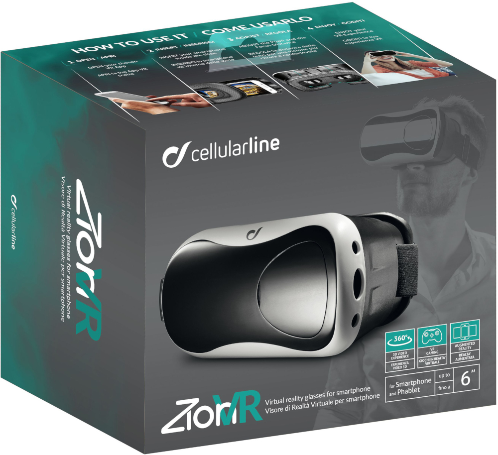 Casque VR dans une boîte. La boîte contient des images d'utilisation et la marque Cellularline.