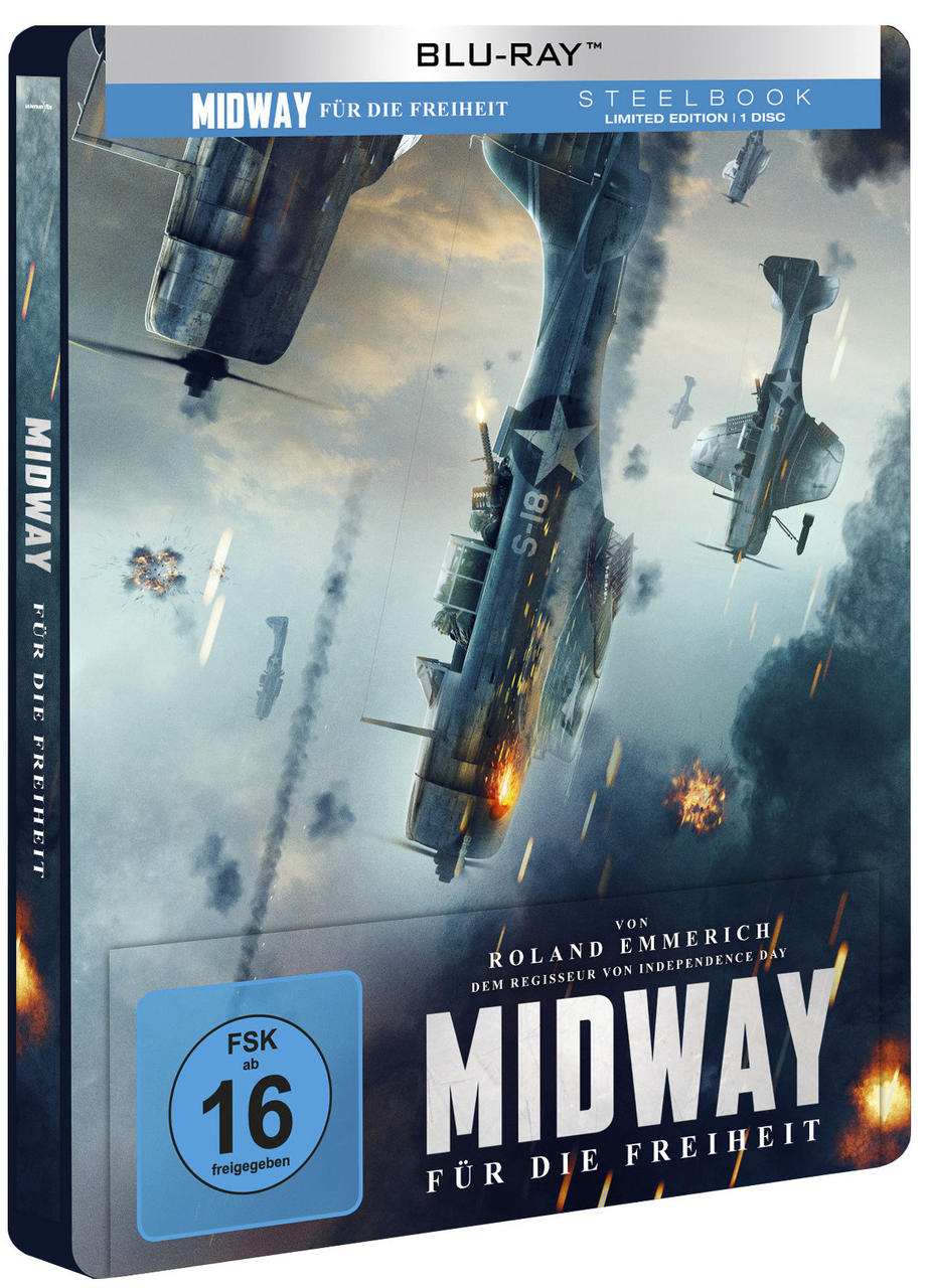 Midway Blu-ray-Filmhülle. Ein Poster mit Flugzeugen in der Luft, einem blauen Label und Text auf Deutsch.