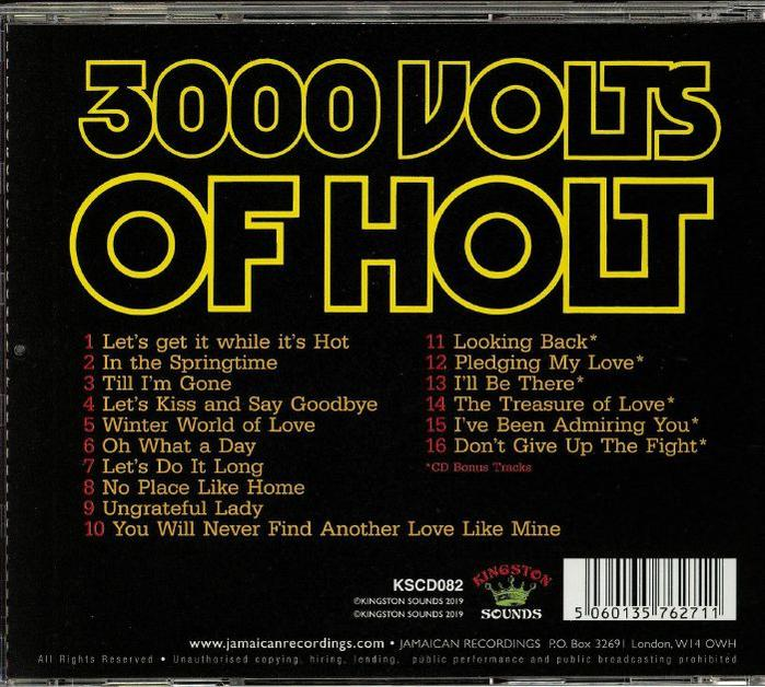 3000 Volts Of Holt CD-Cover. Der Albumtitel und die Titelliste sind mit gelbem Hintergrund sichtbar.