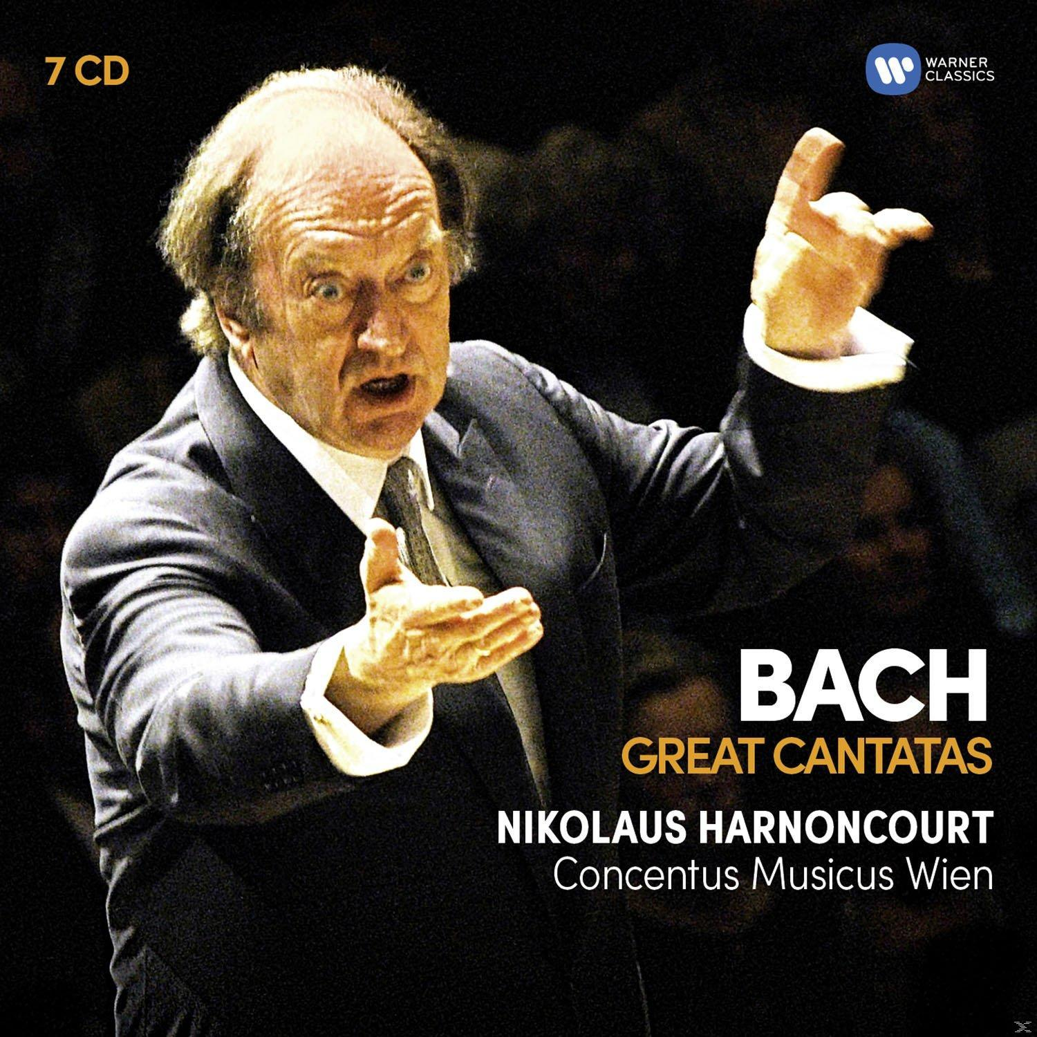 CD borító, Nikolaus Harnoncourt vezényli Bach Nagy kantátáit, a Warner Classics logó látható.