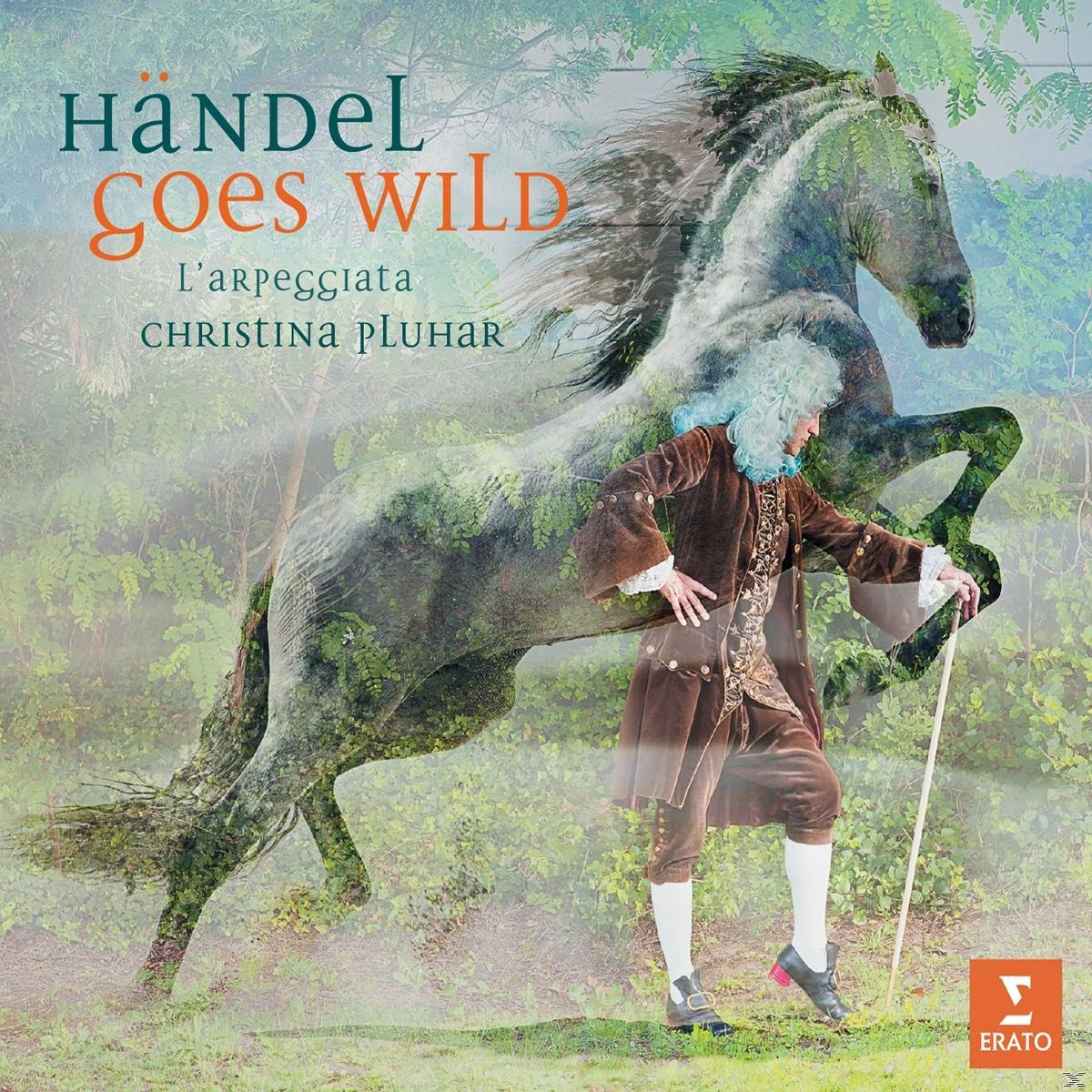 Albumcover mit Mann mit Perücke und Pferd, Text "Händel Goes Wild" und "Christina Pluhar".