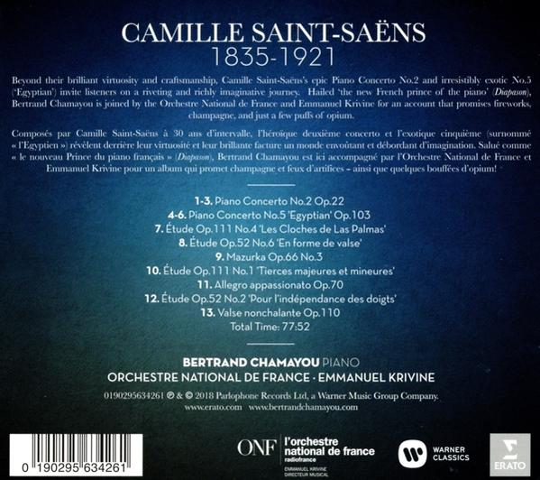 Albumcover mit Text über Camille Saint-Saëns und Titelliste, mit blau-weißem Design.