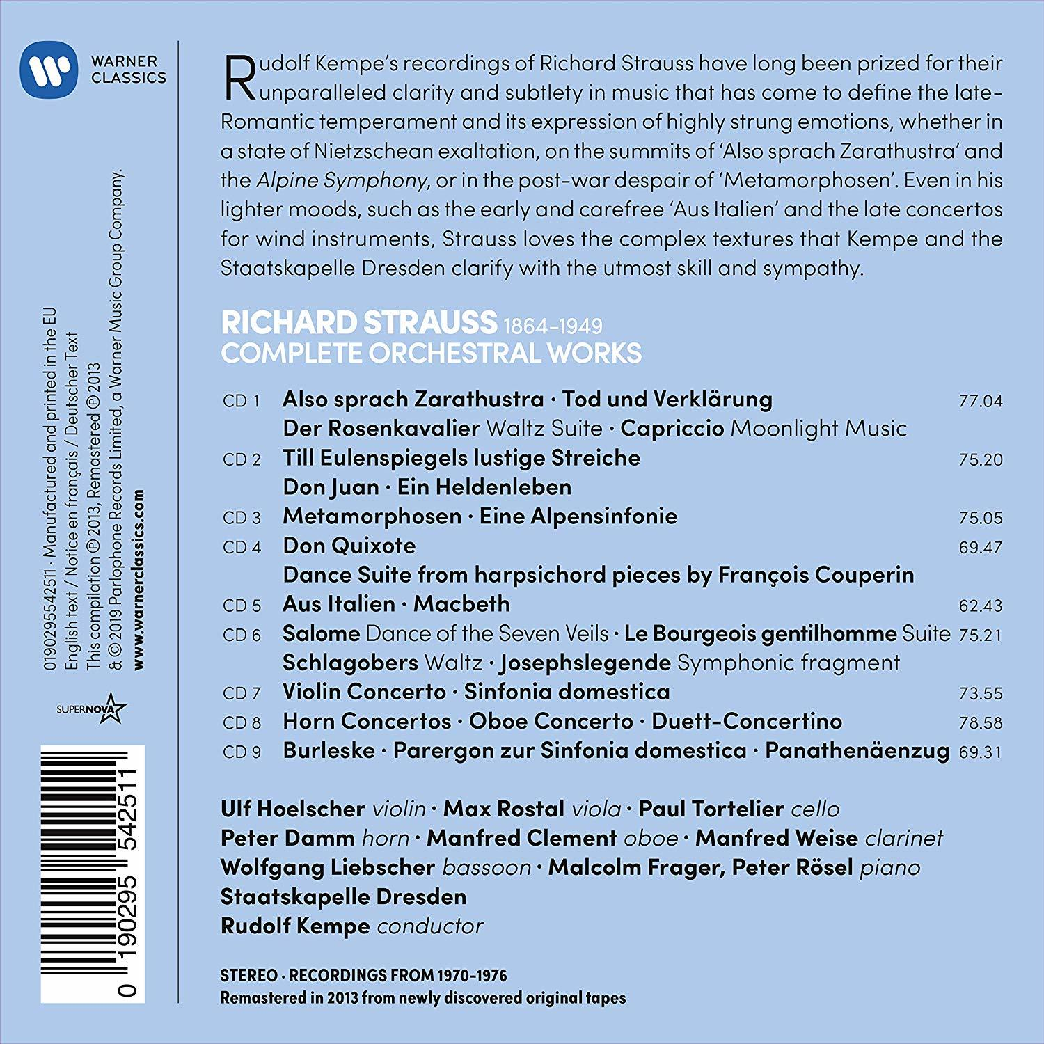 CD-Cover mit Text und Titeln von Richard Strauss' kompletten Orchesterwerken.