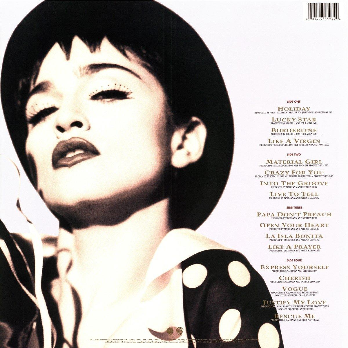 Madonna album borítója. Fekete-fehér fotó az arcáról. Az album címe és a dalok felsorolása.