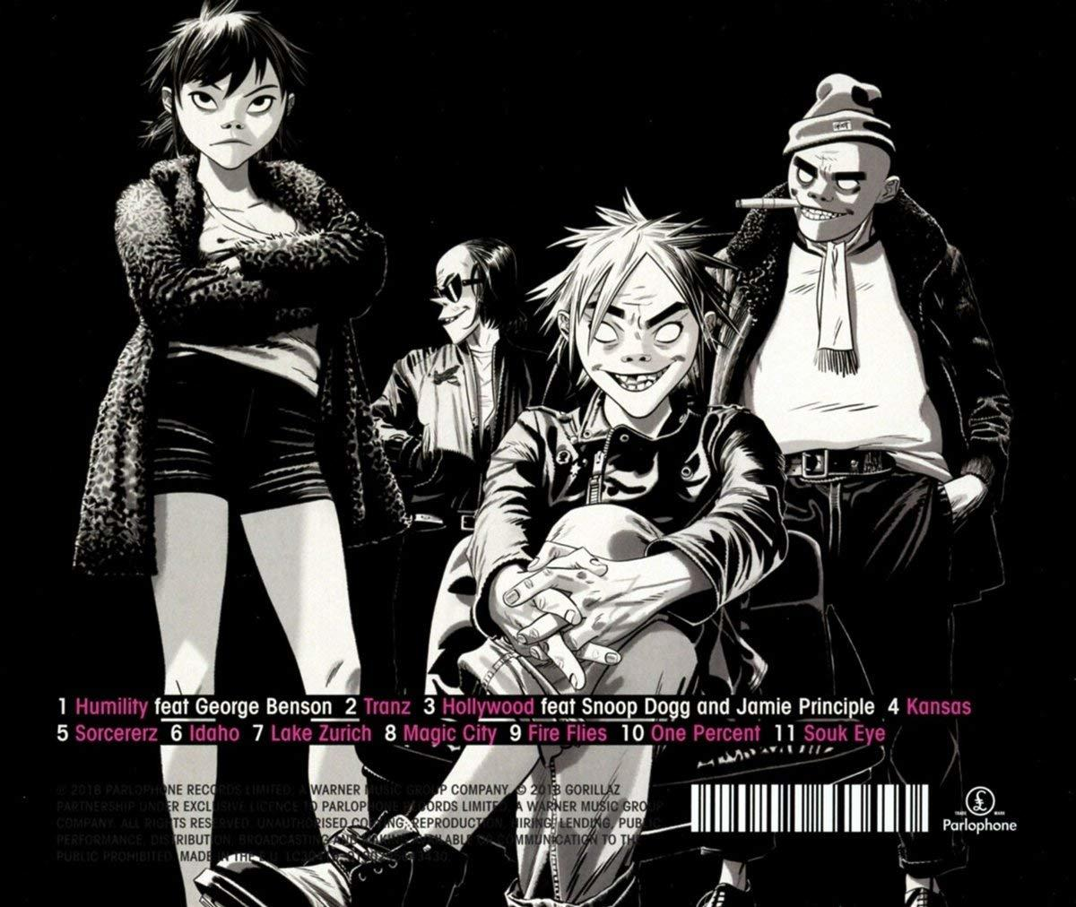 A Gorillaz zenekar tagjai szürkeárnyalatos képen. Noodle, 2-D, Russel és Murdoc. A kép a The Now Now album borítója.