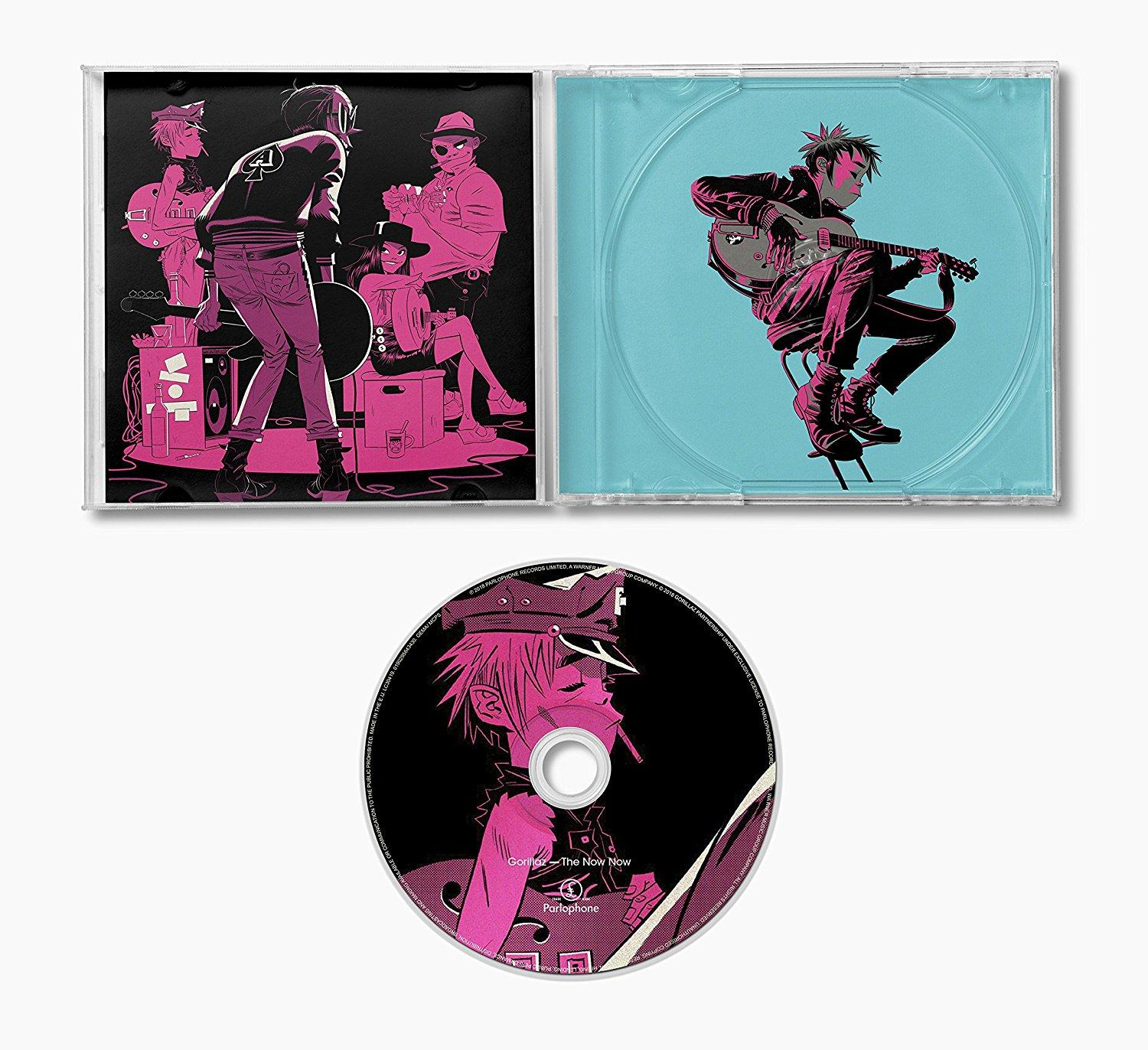 CD-tok a zenekar művészetével. A zenészek rózsaszínben és feketében láthatók. Az egyik gitározik, mások hangszereken játszanak és dohányoznak. A zenekar neve Gorillaz.