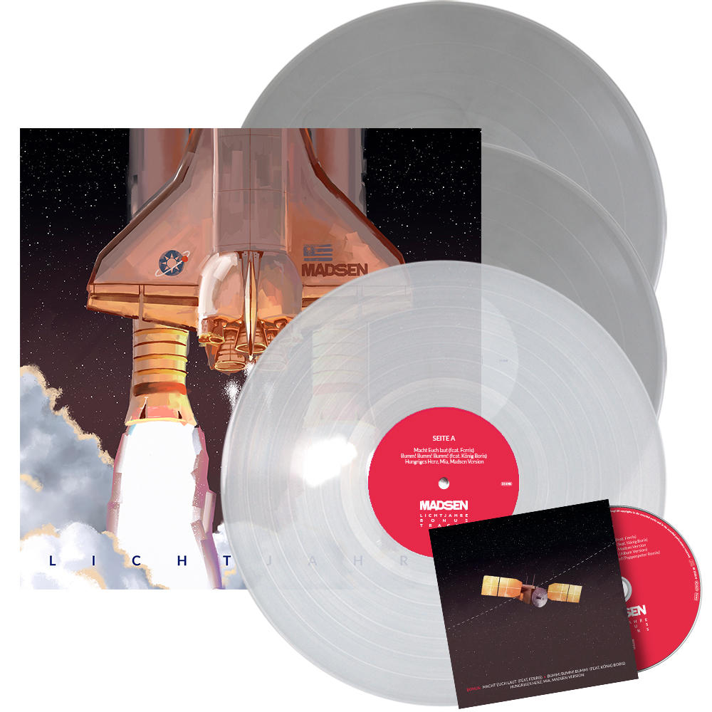 Albumcover mit Raketenstart. Es gibt Vinylplatten und eine CD. Der Künstler ist Madsen.