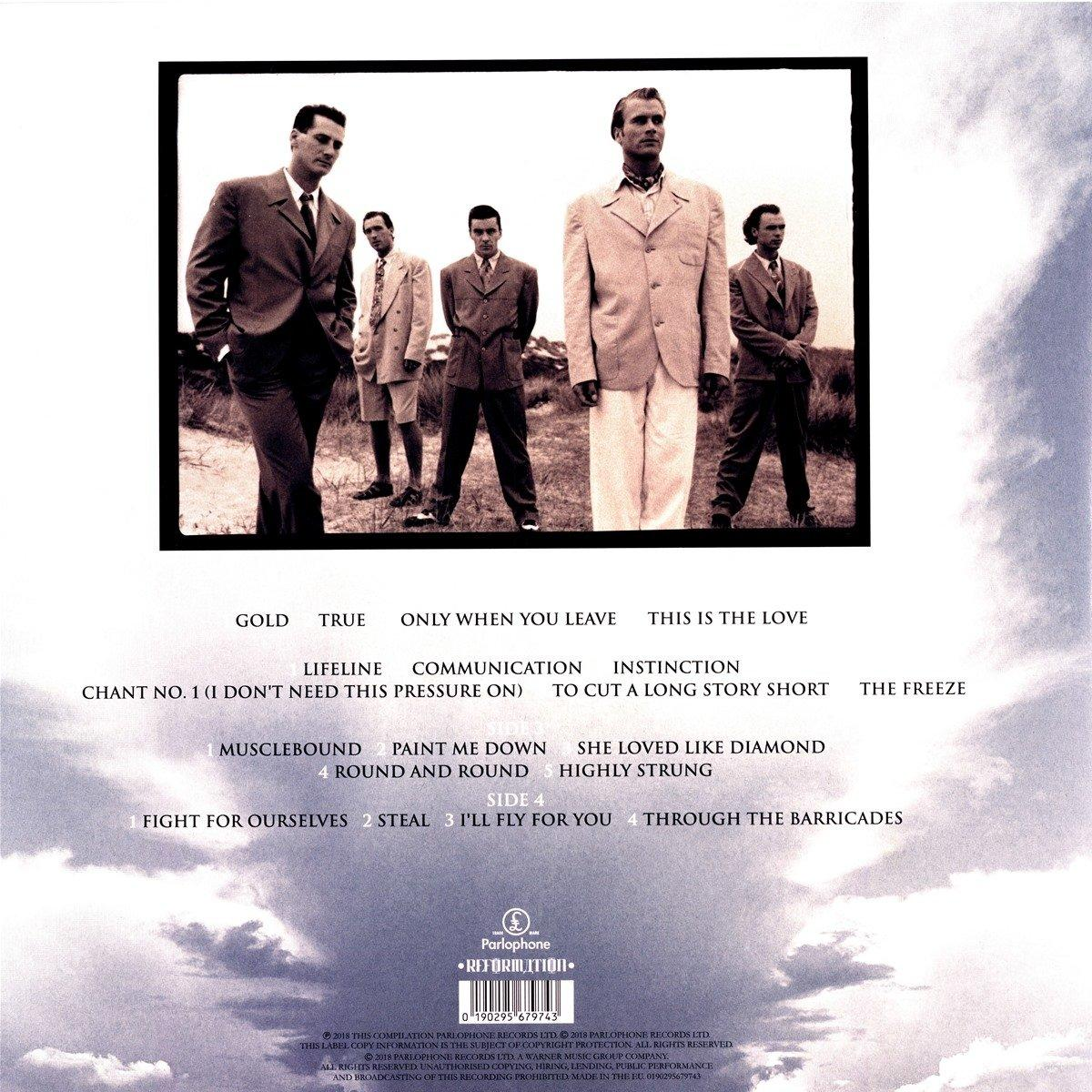 Albumcover mit schwarzem Rand. Fünf Männer in Anzügen. Der Text umfasst Gold, True und This Is The Love.