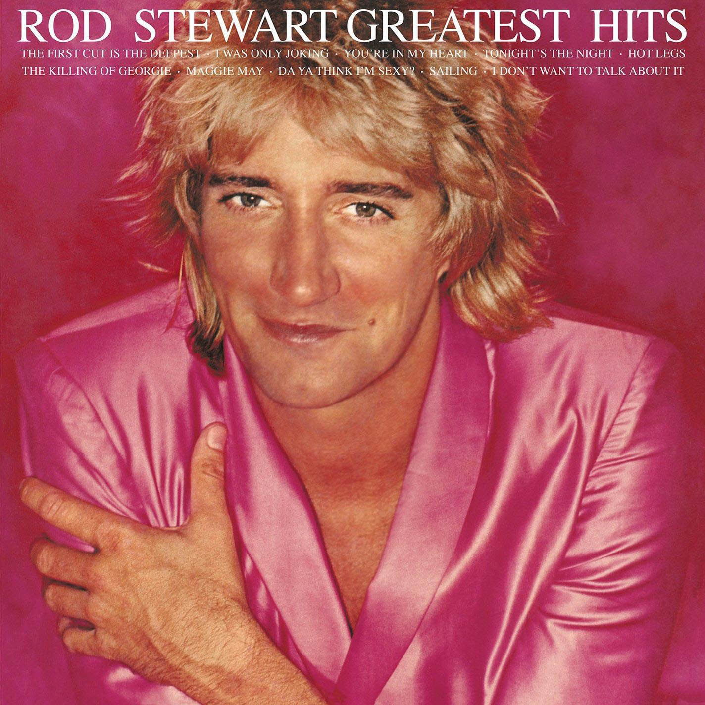 Rod Stewart Albumcover, Rod Stewart in pinkem Anzug.