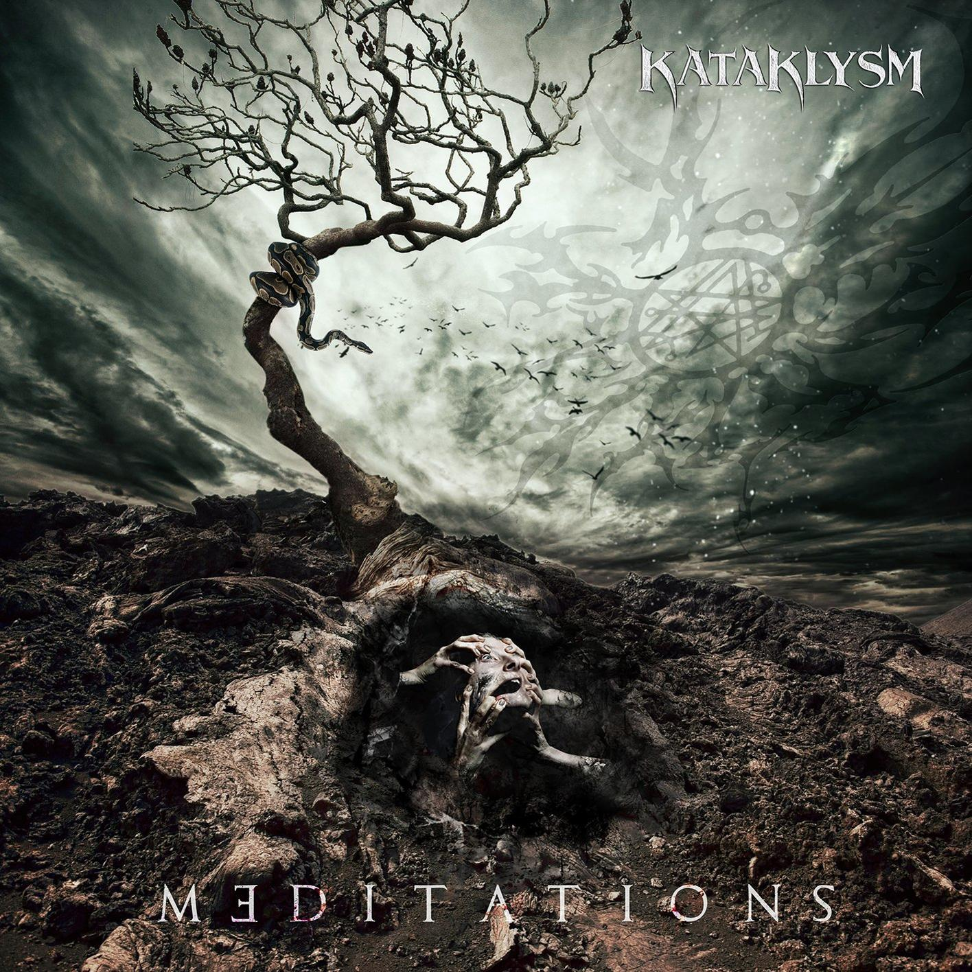 Albumcover mit totem Baum, Vögeln und einem Totenkopf. Titel: Meditations von Kataklysm.