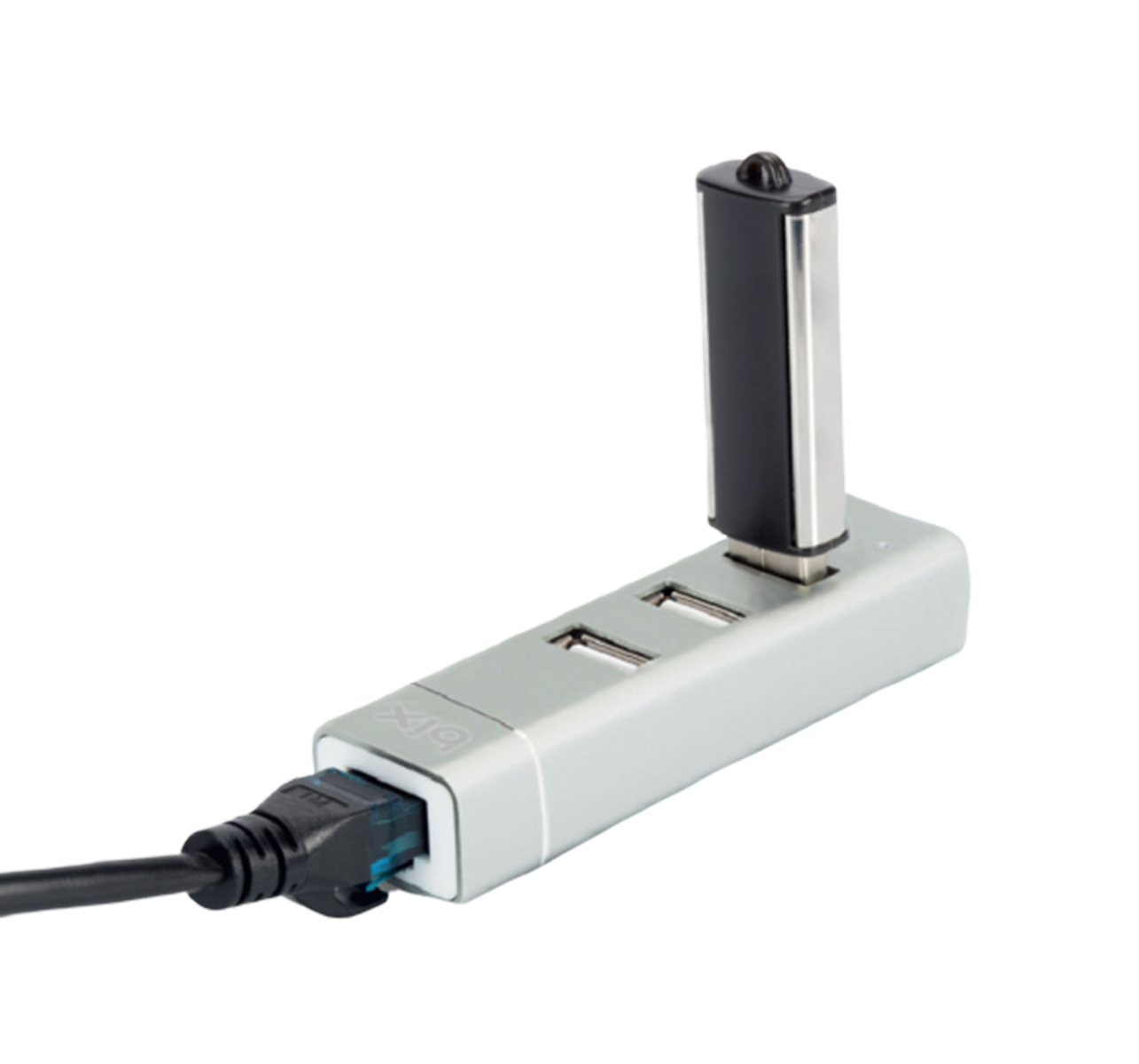 Siyah bir USB belleğin takılı olduğu gümüş USB hub. Bir kabloya bağlı.