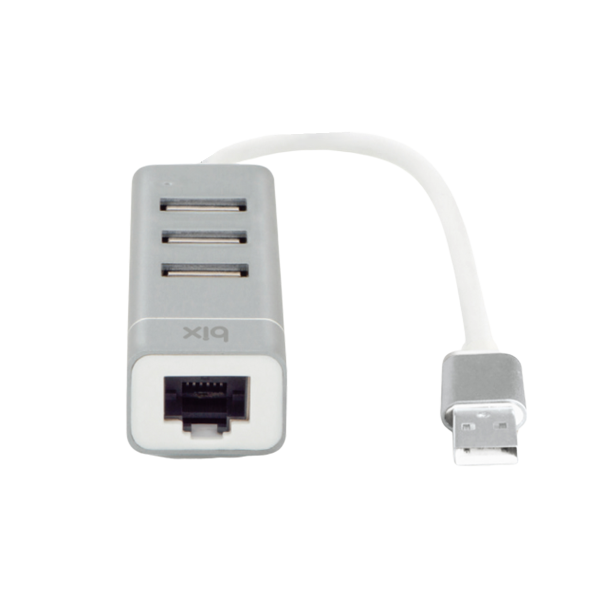 Gümüş bir USB hub, üç USB portu ve beyaz bir kablo ile bir Ethernet portu.
