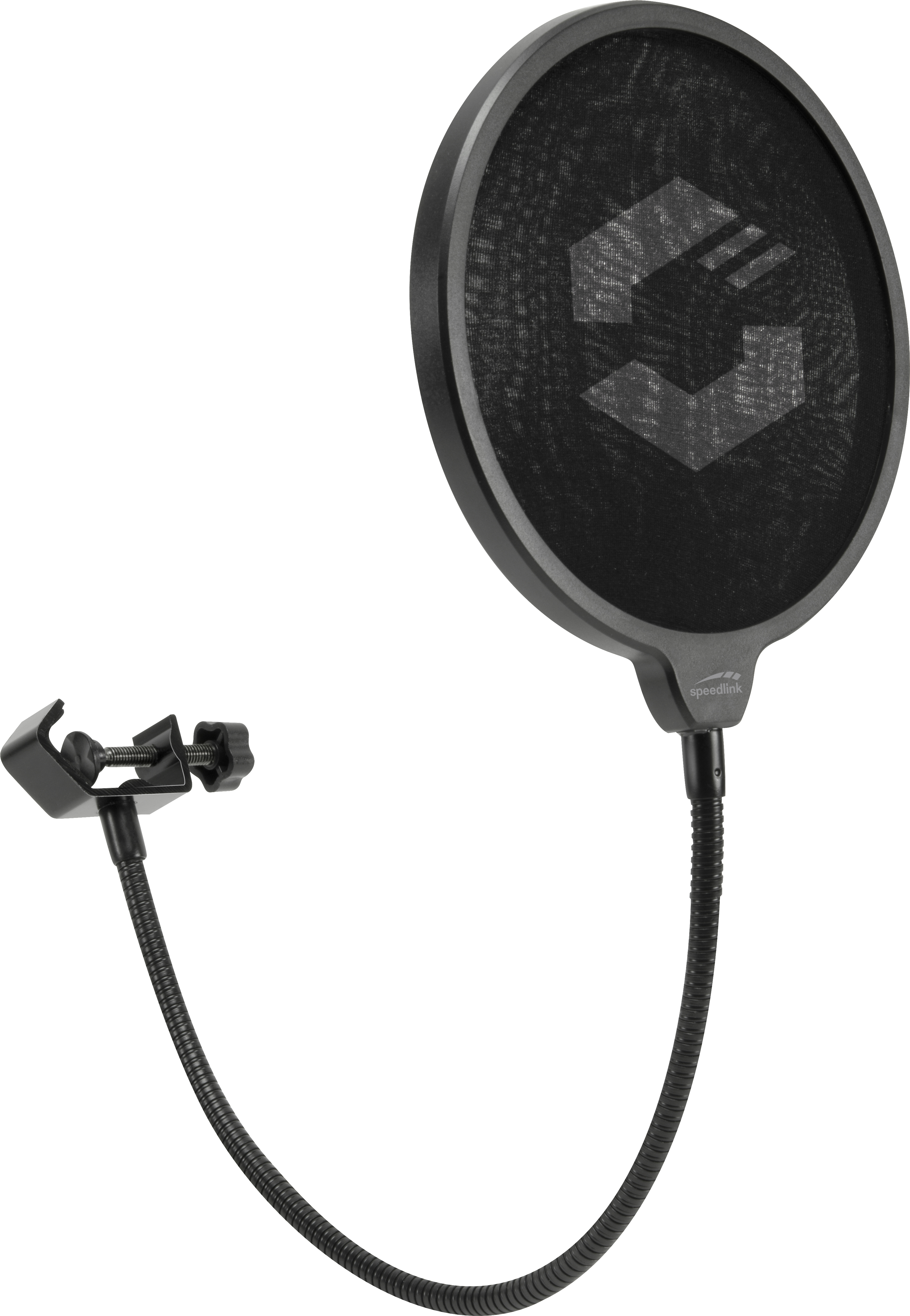 Schwarzer Pop-Filter mit einem Mesh-Sieb und einem flexiblen Schwanenhalsarm, der mit einer Klemme verbunden ist.