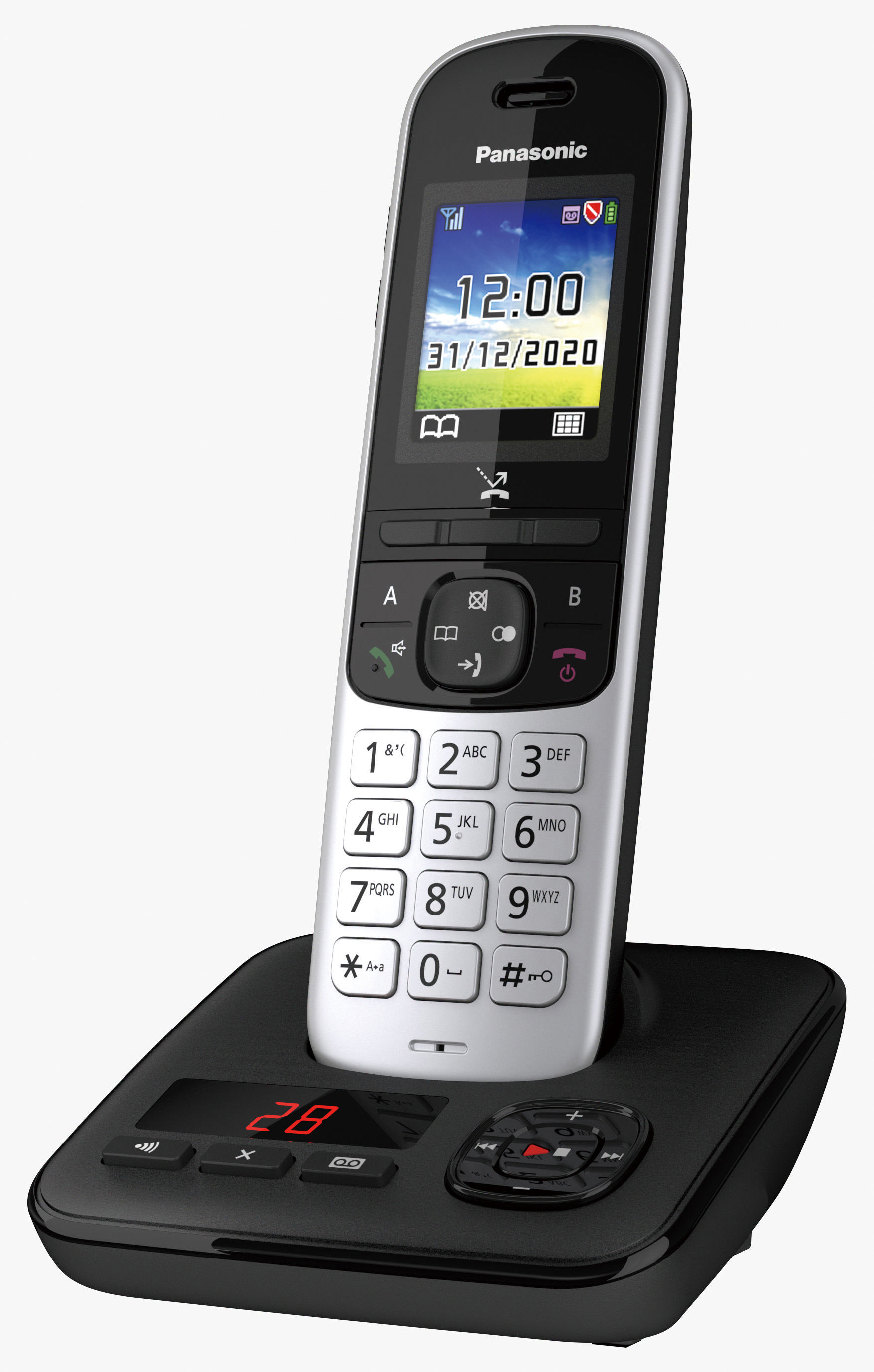 Schnurloses Telefon auf Basis. Schwarz und Silber mit Bildschirm, der Zeit und Datum anzeigt. Knöpfe und Lautsprecher.