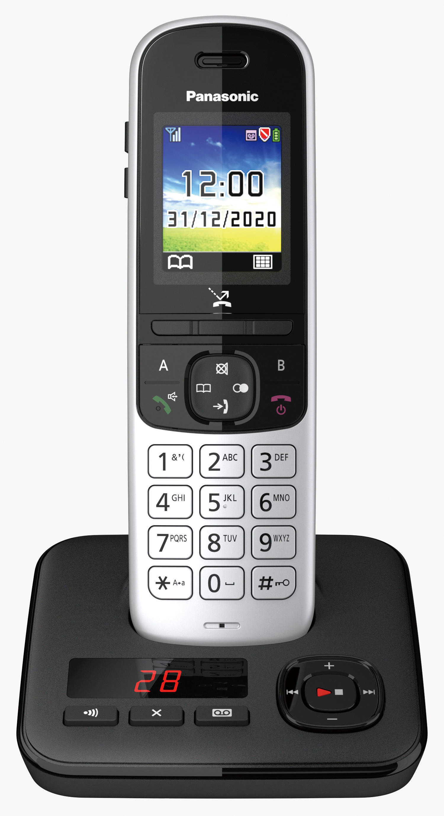 Ein schnurloses Telefon auf seiner Basis. Das Display zeigt Datum und Uhrzeit mit Tasten.