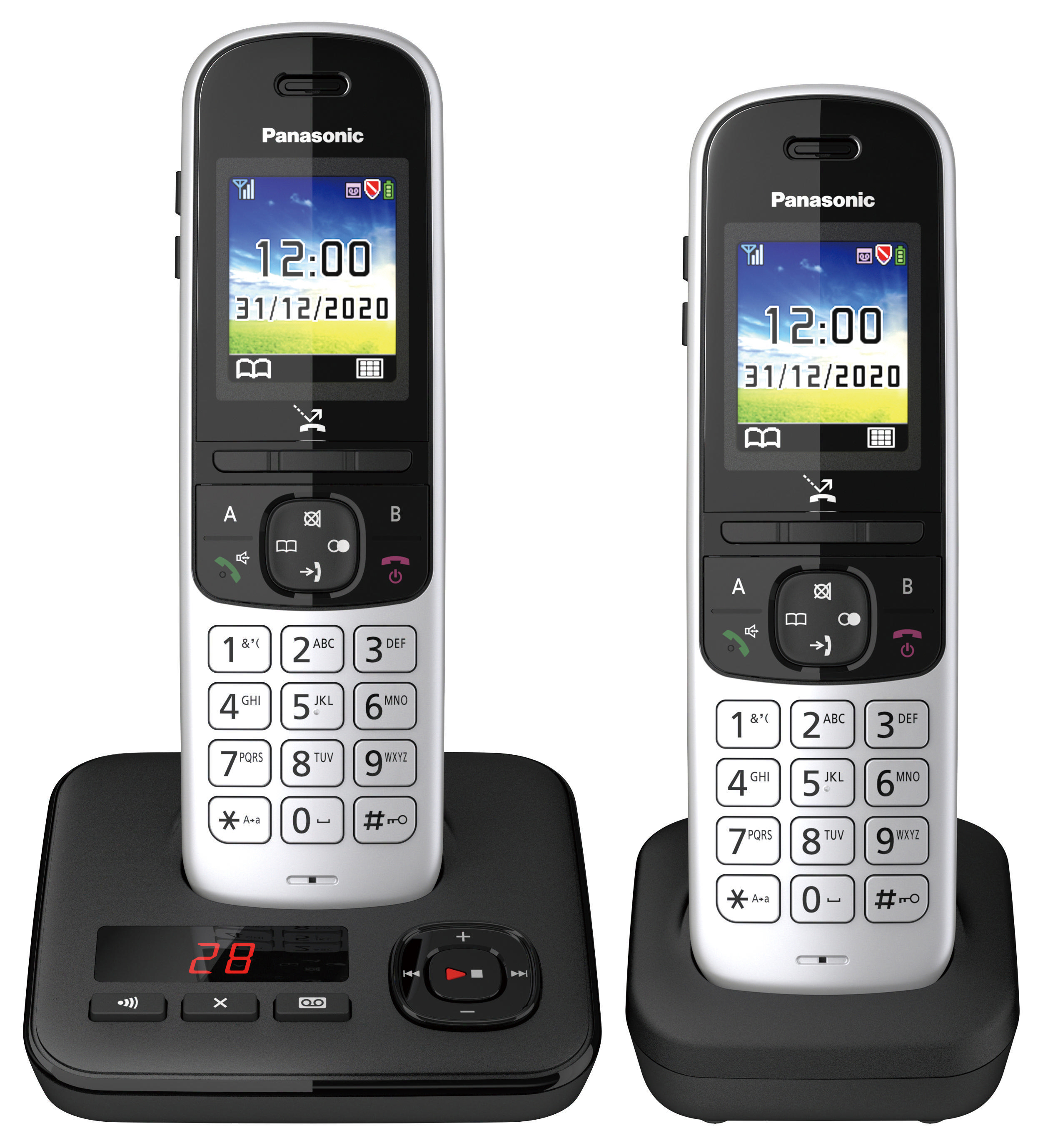 Zwei schnurlose Telefone auf Ständern, die Zeit und Datum anzeigen. Eine Basis hat auch ein Display.