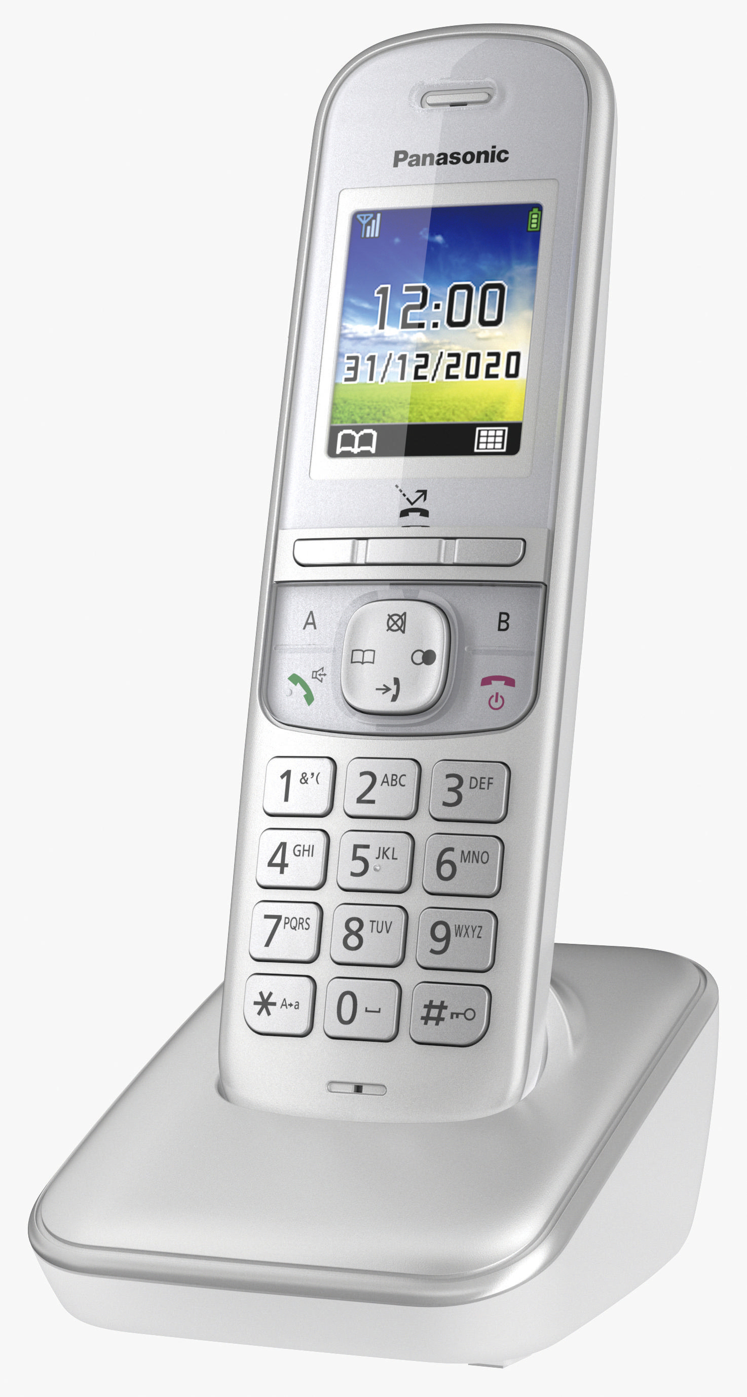 Ein weißes Festnetztelefon in seiner Ladeschale. Der Bildschirm zeigt die Uhrzeit und das Datum.