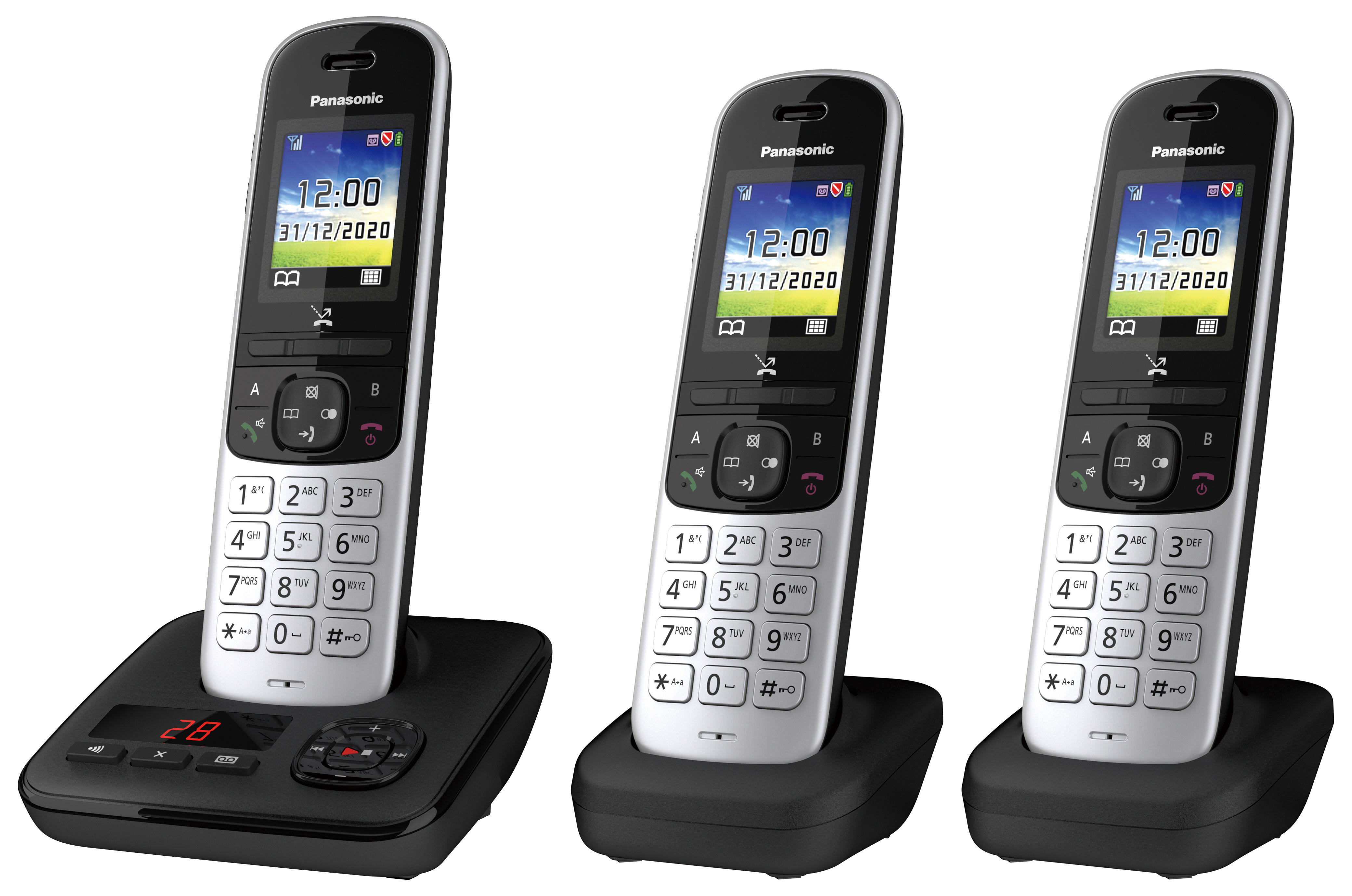 Drei schnurlose Telefone mit einer Basisstation. Jedes Telefon ist weiß und schwarz, mit digitaler Anzeige.