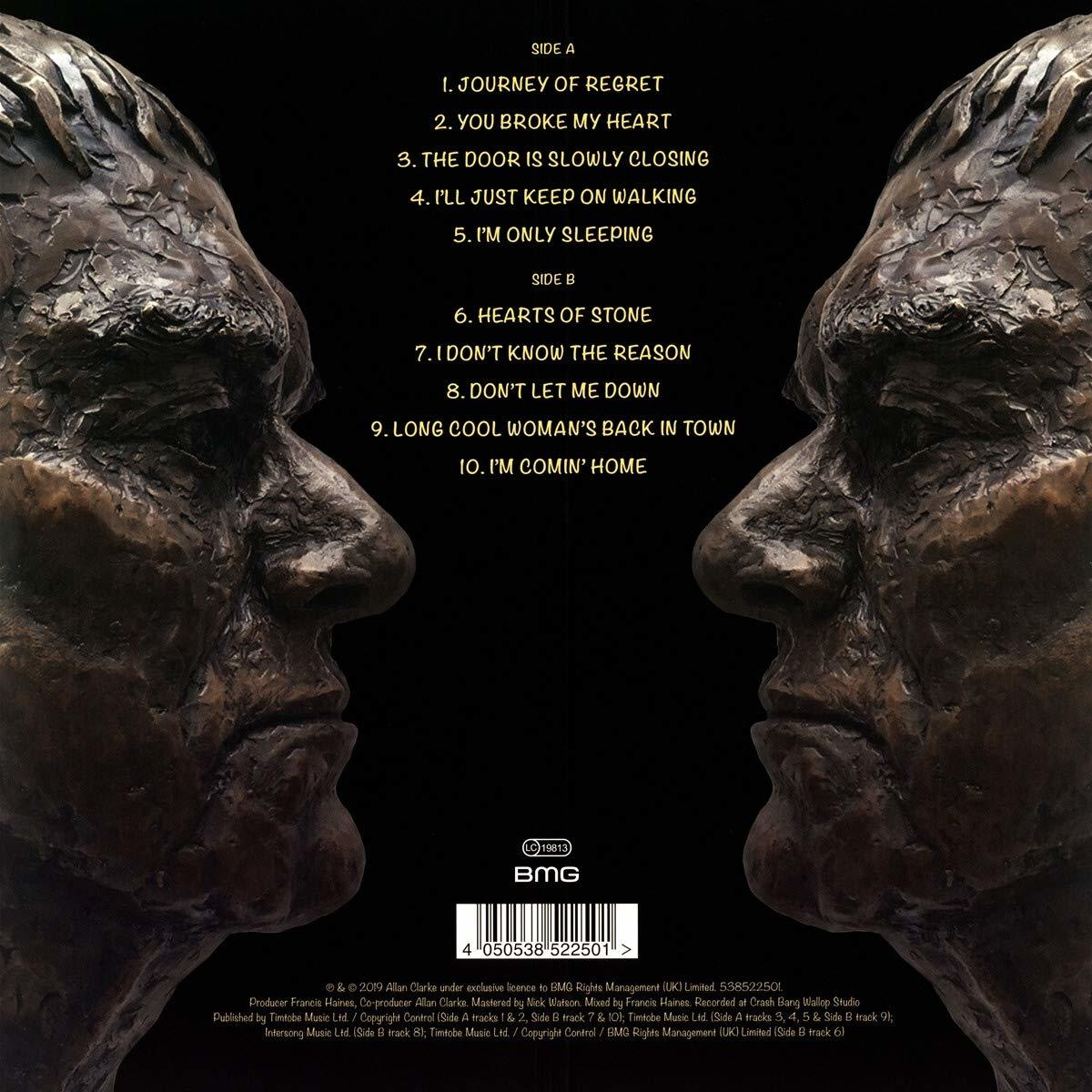 Albumcover mit zwei einander zugewandten, geformten Gesichtern, Titelliste an den Seiten.