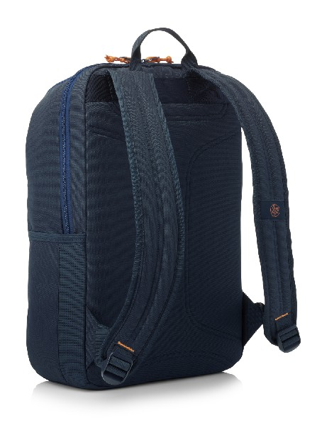 Mochila azul marino con cremalleras y correas naranjas, vista desde la parte trasera.