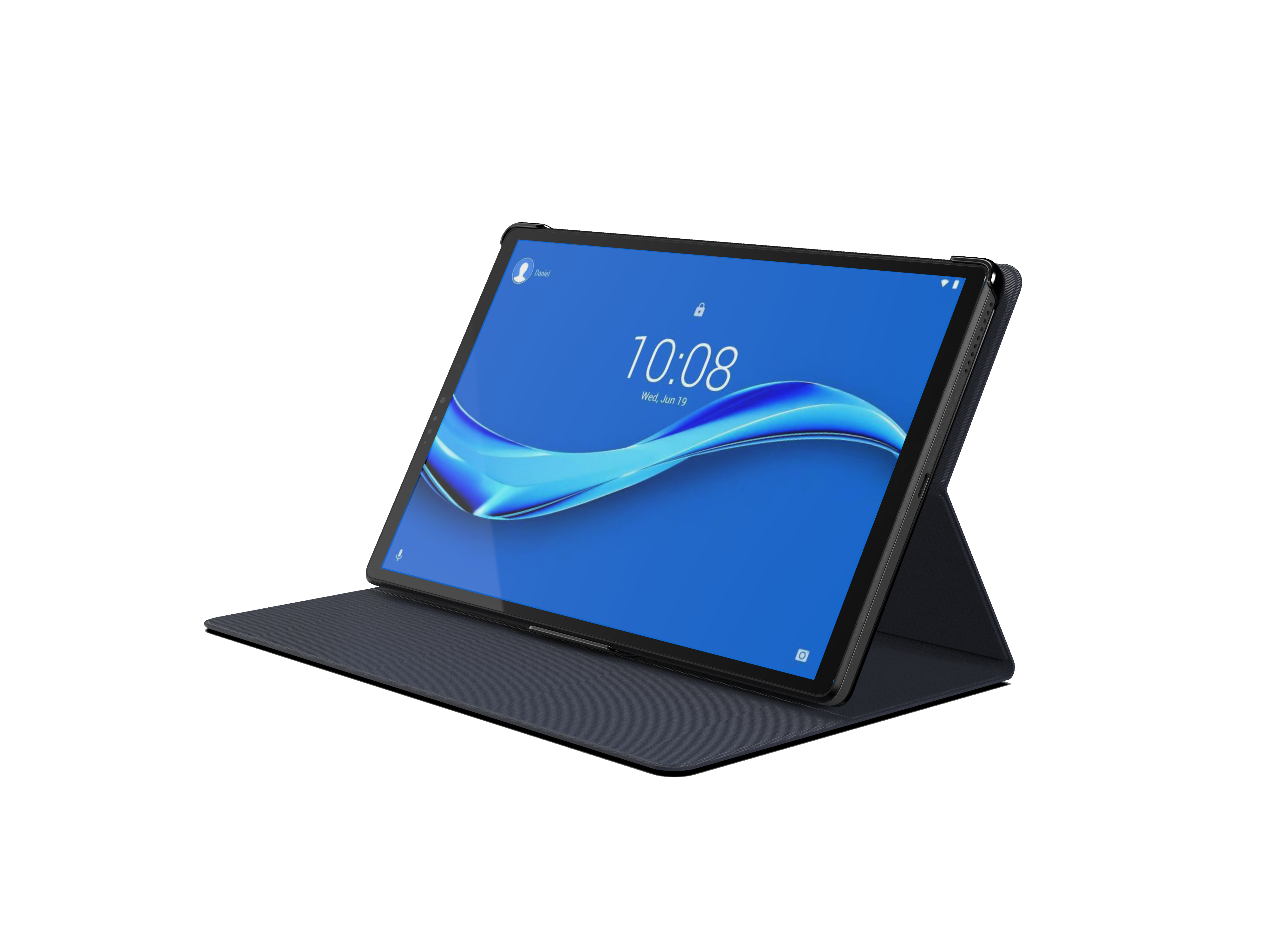 Lenovo tablet in a case, displaying the time and date on the screen.