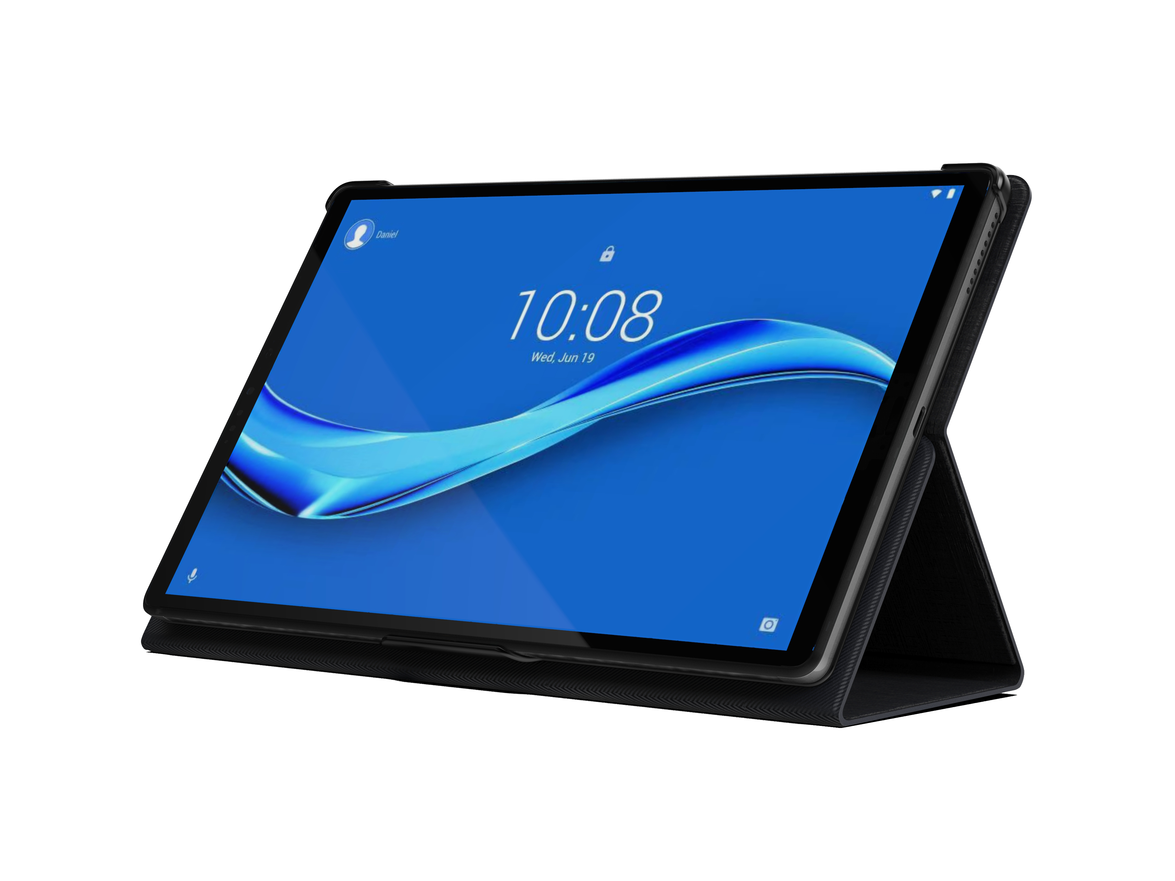 Tablet on a stand with a blue screen displaying a clock. Black case. Dark background.