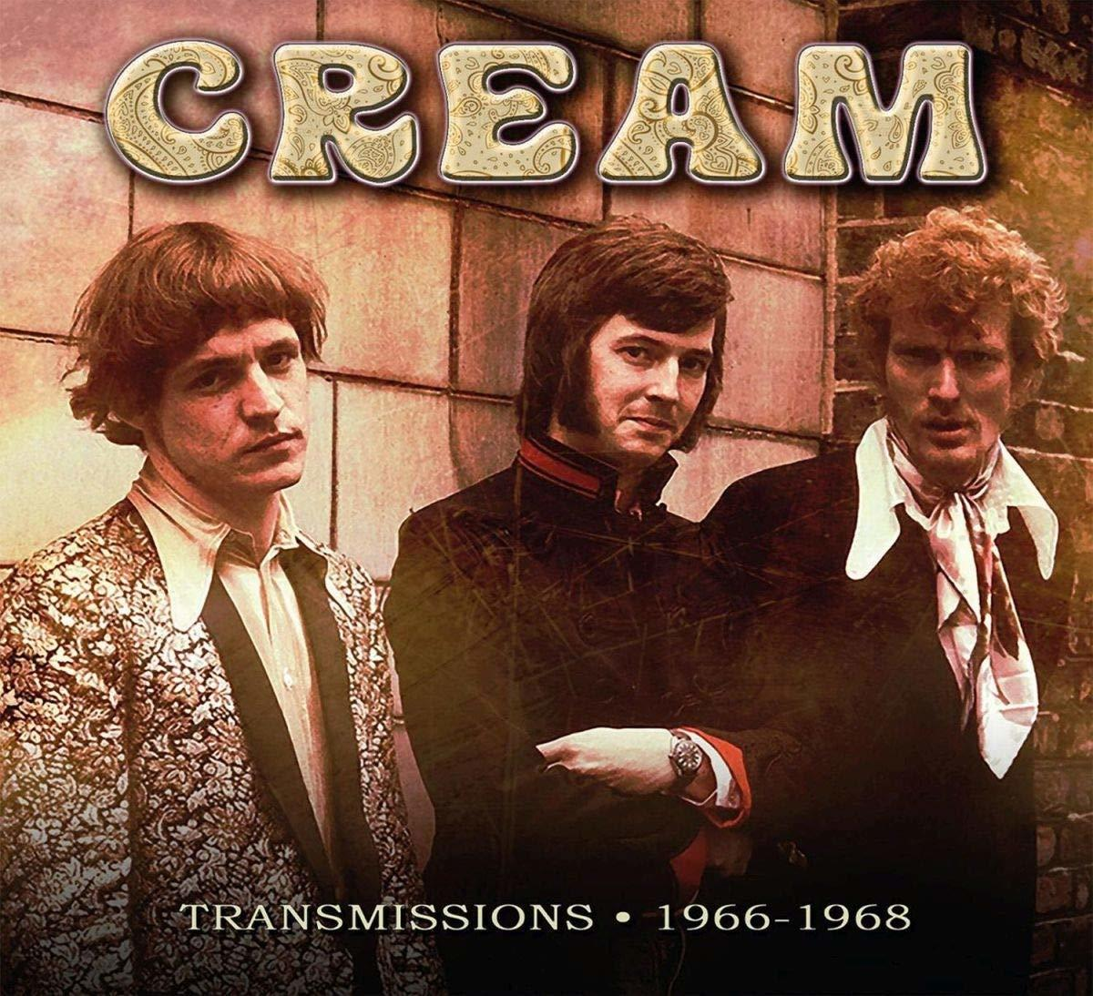 Trois hommes sont sur la couverture d'un album avec le mot "CREAM" et le texte : "TRANSMISSIONS 1966-1968".