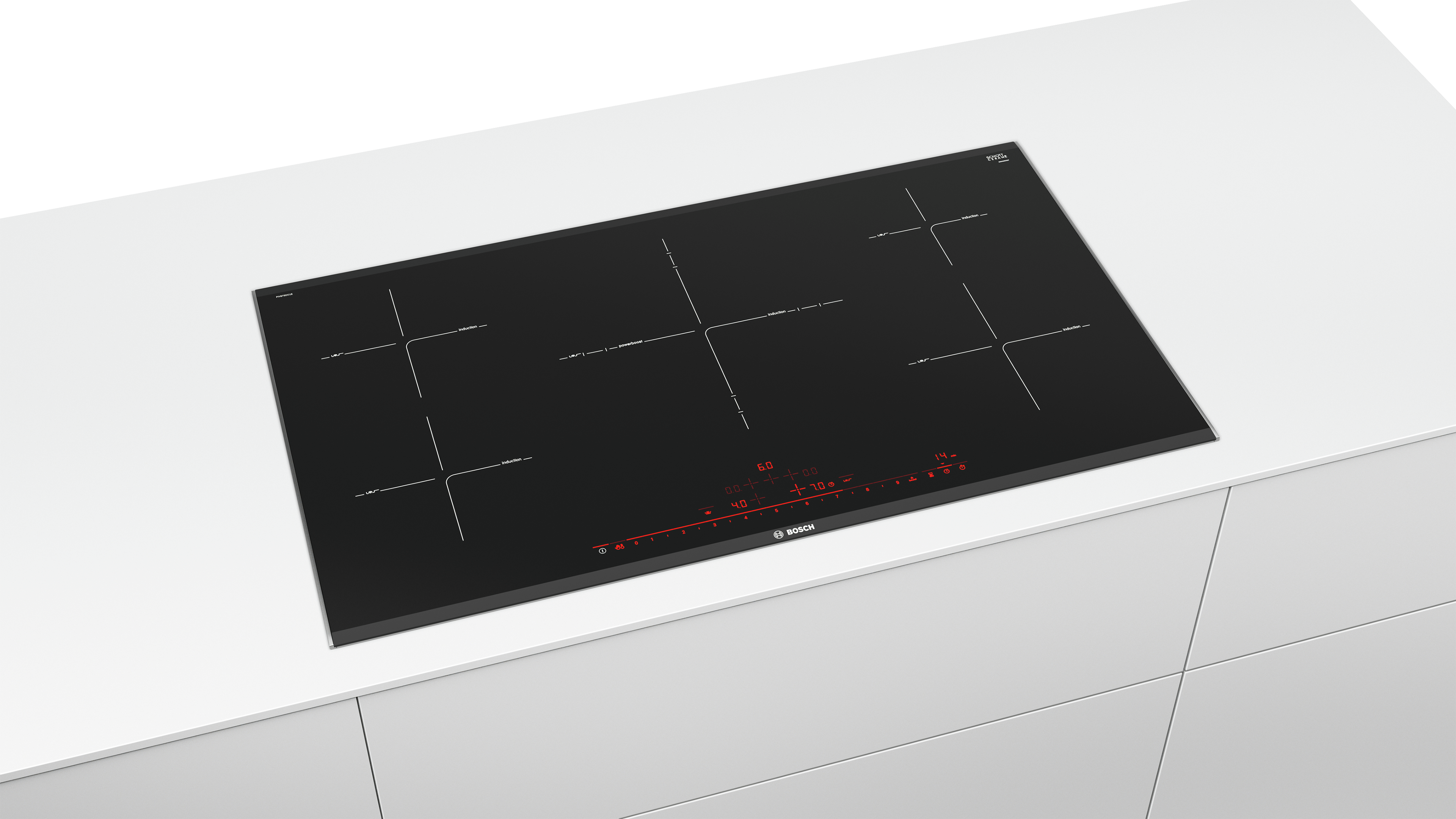 Black induction cooktop with five burners and red digital display.
