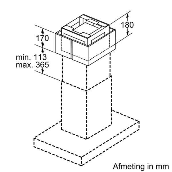 Diagram showing dimensions of a rectangular structure. Measurements in mm are indicated with arrows and numbers, including 170, 180, min. 113, max. 365.