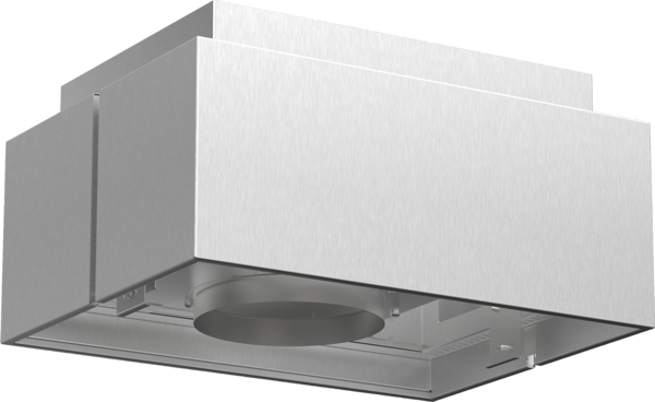 A stainless steel range hood is shown. It has a boxy design with multiple layers. A circular vent is visible on the bottom.