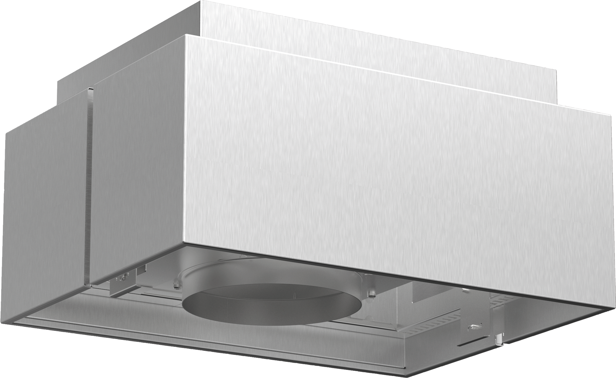A stainless steel range hood is pictured against a black background. The hood has a rectangular shape with a cylindrical vent.