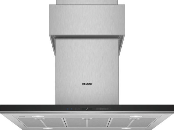A stainless steel Siemens range hood is shown. It has a rectangular design with a black control panel and a digital display.