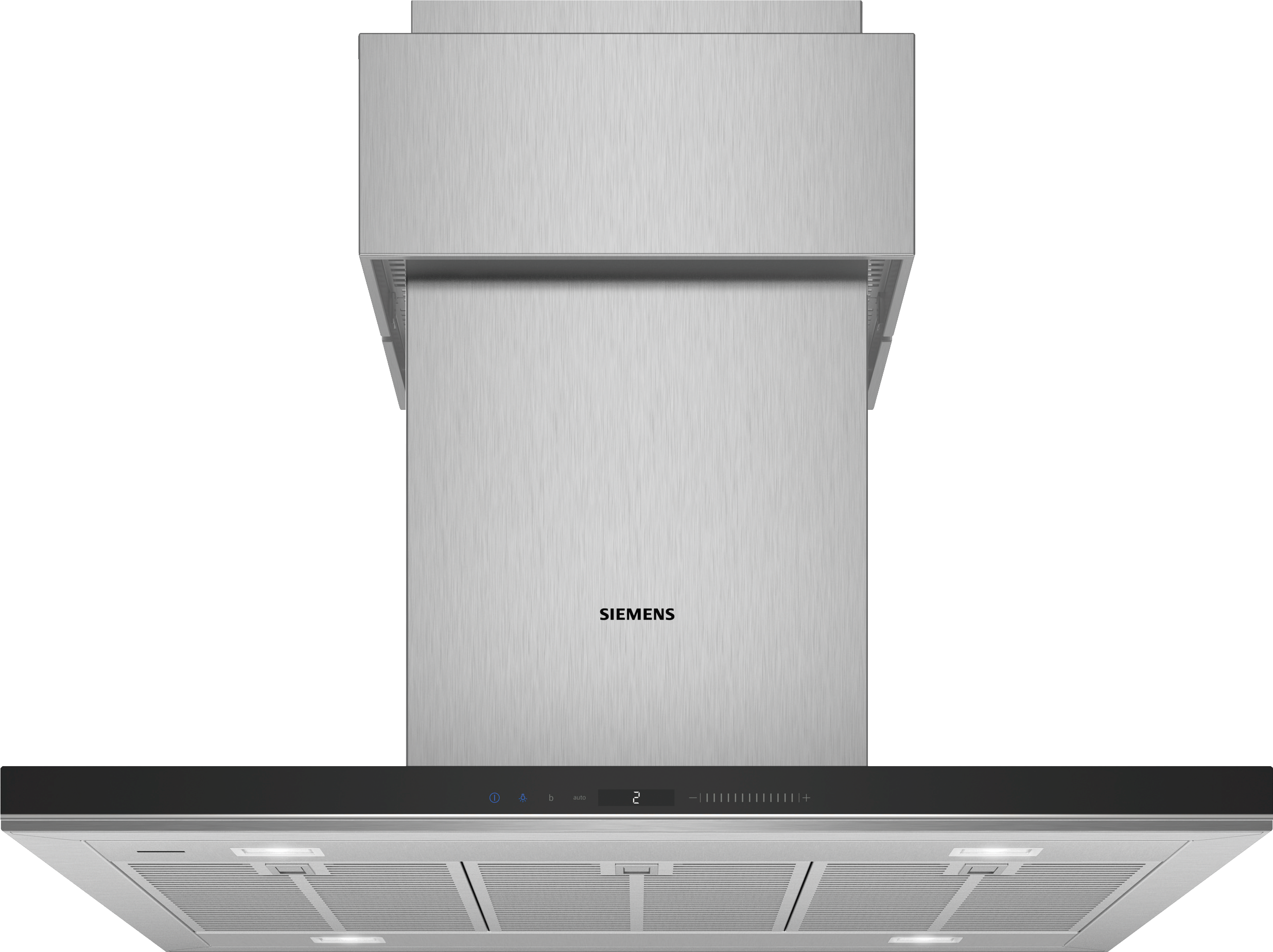 A stainless steel Siemens range hood with a control panel. The background is black.