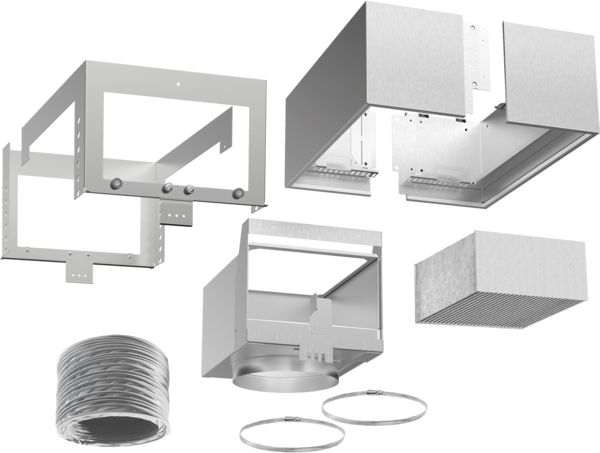Various disassembled silver range hood components. Includes frames, panels, duct, and filters. All in a studio-like setting.