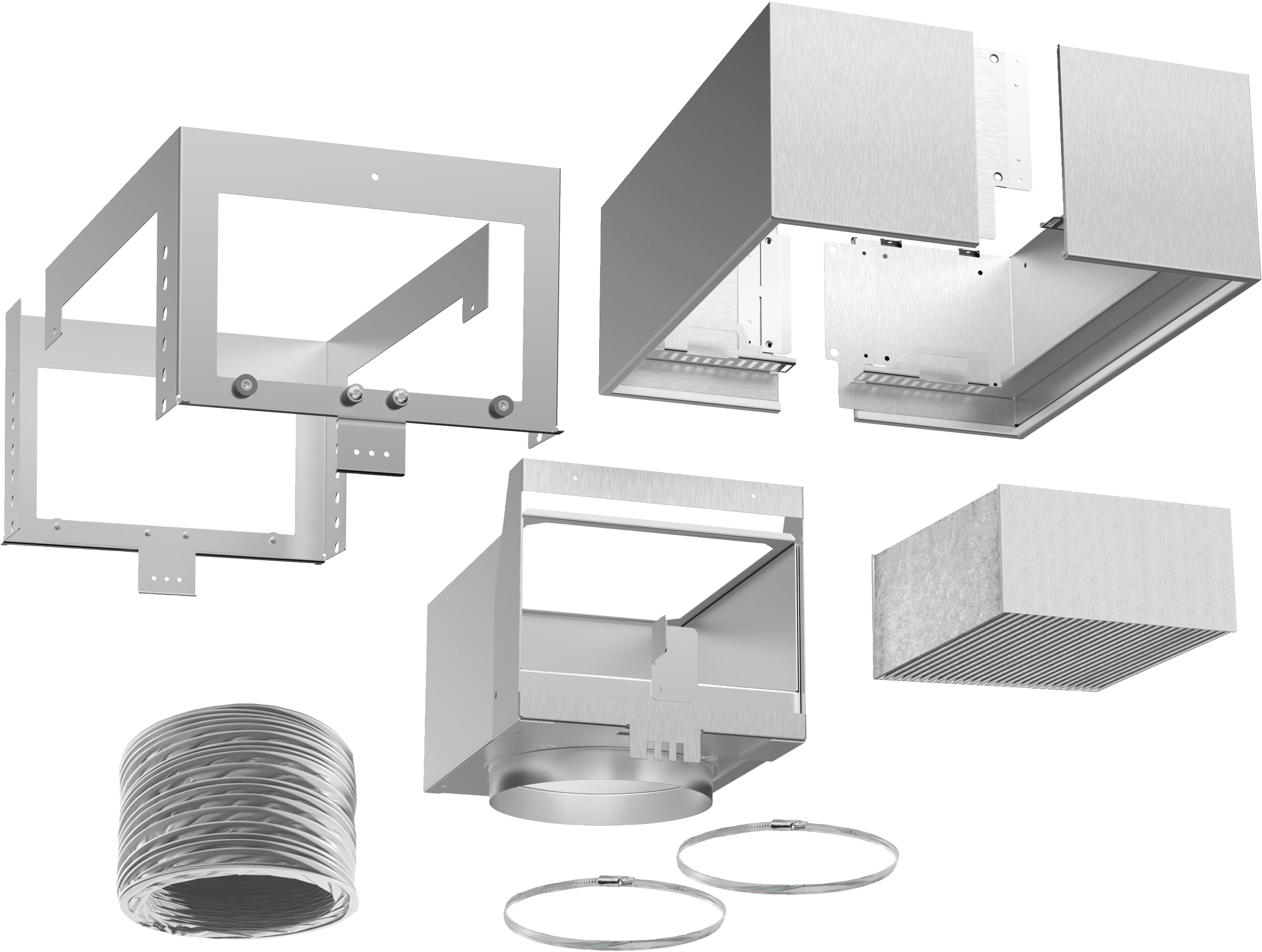 An exploded view of a metal range hood showing its parts: frame, duct, filter, and other components. All in silver color.