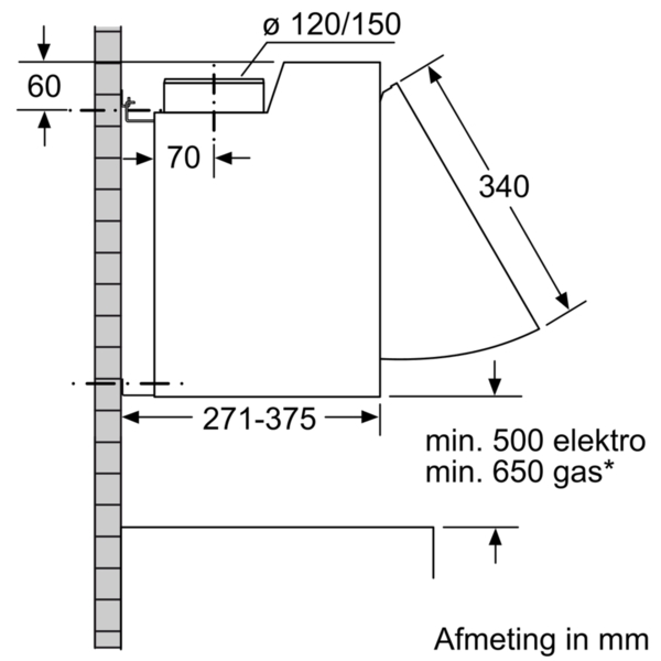 Technical drawing of a kitchen hood. Shows dimensions and labels in millimeters.