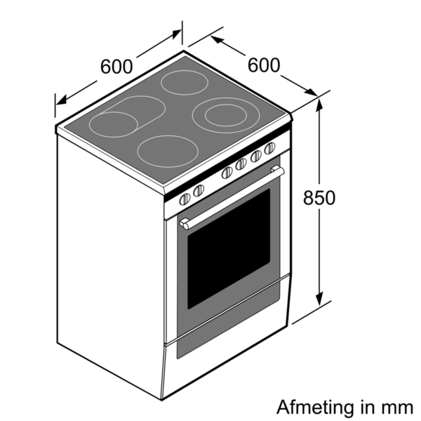 Illustration of a white stove with dimensions indicated.