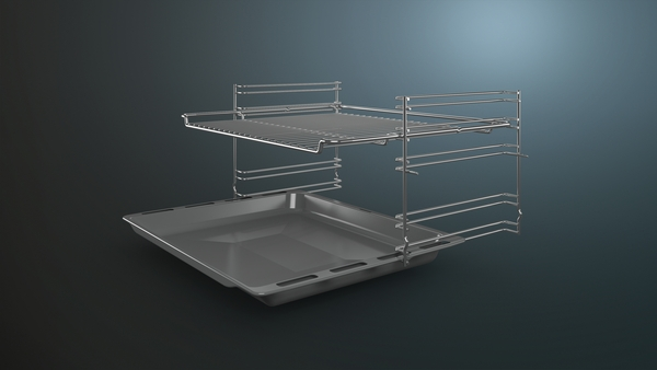 Chrome oven rack with a baking tray and two racks on gray background.