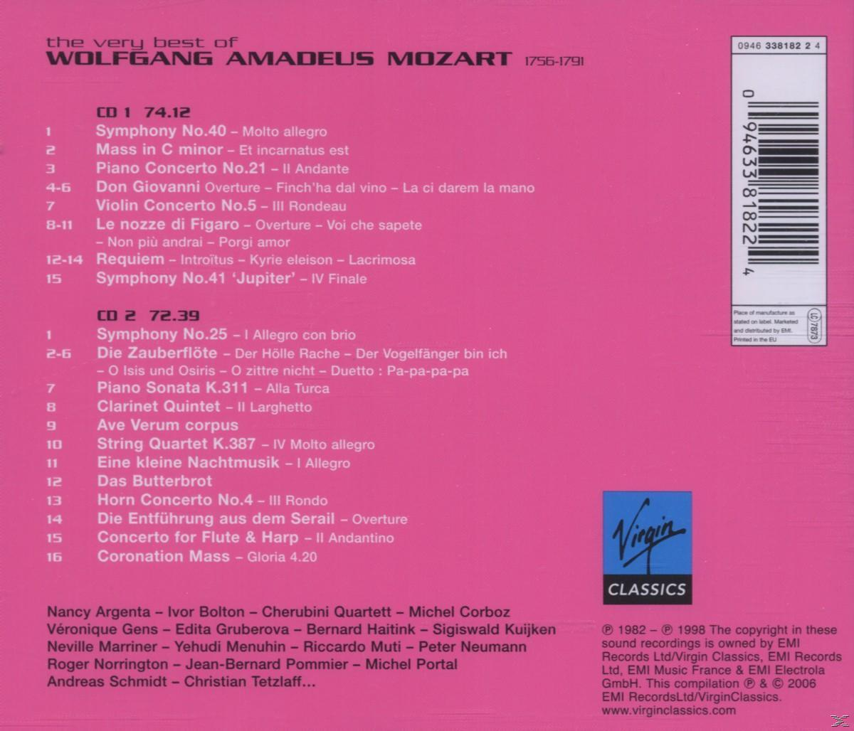 CD borító a 'The Best of Wolfgang Amadeus Mozart' címmel, a számok listája rózsaszín háttéren.