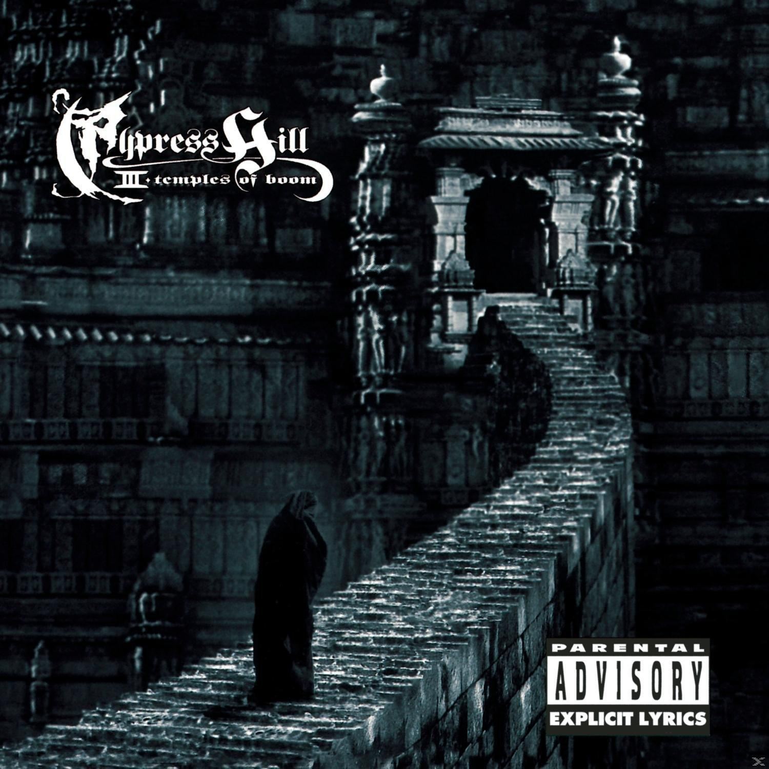 Album borító: Cypress Hill, Temples of Boom. Figurák egy hídon, egy templom felé. Parental Advisory.