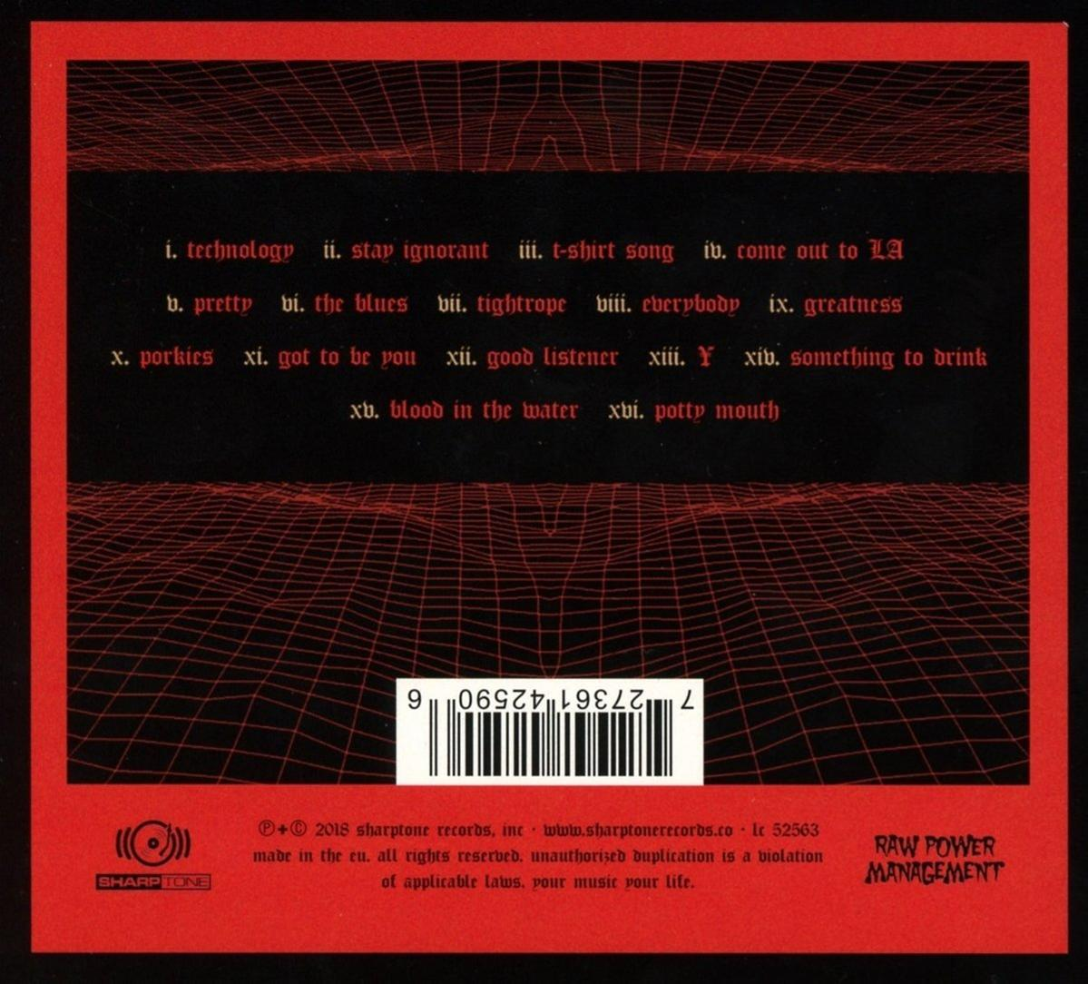CD borító piros háttérrel és rácsmintával. A borító tartalmaz egy dallaszlistát és egy logót.