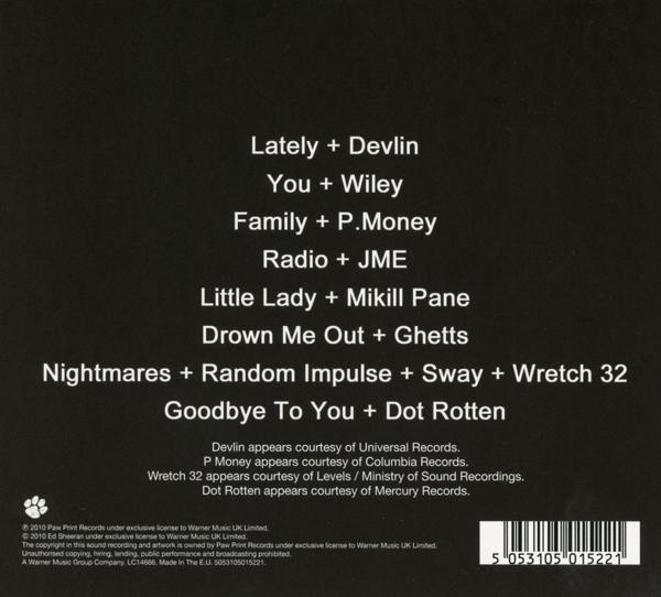 CD-Rückseite, Albumtitel und Titelliste, mit Credits. Dunkler Hintergrund.