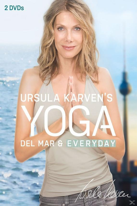 DVD-Cover: Eine Frau mit blonden Haaren vor verschwommenem Stadtblick. 'Ursula Karvens Yoga'.